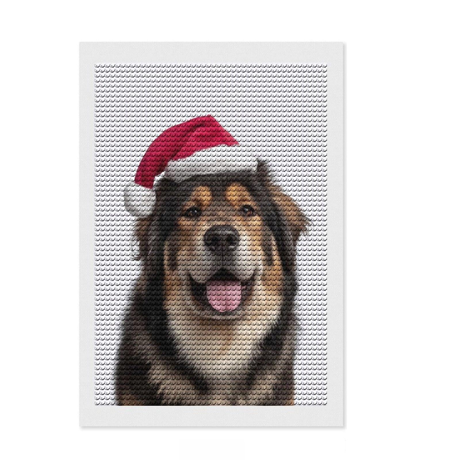 Junmoney Tibetan Mastiff Dog with Santa Hat Portrait Diamond Painting Kit 8"x12", Printed Canvas, Finish and Display, Bedroom Decor, Holiday Gift Idea, with Tool Kit