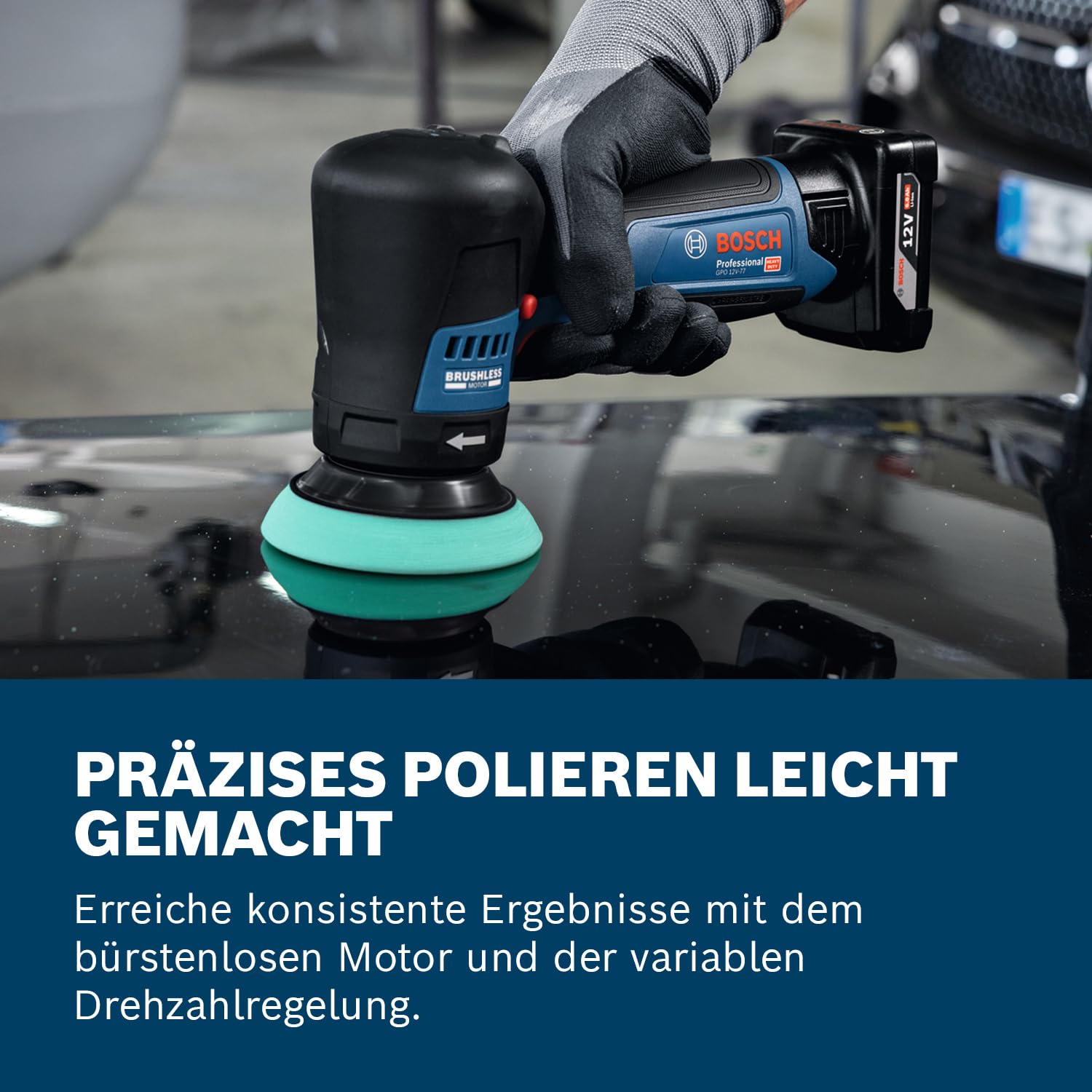 Bosch Professional 12V System Akku-Polierer GPO 12V-77 (inkl. montiertem 77 mm Klett-Stützteller, 77 mm Polier- und Scheuerschwamm)