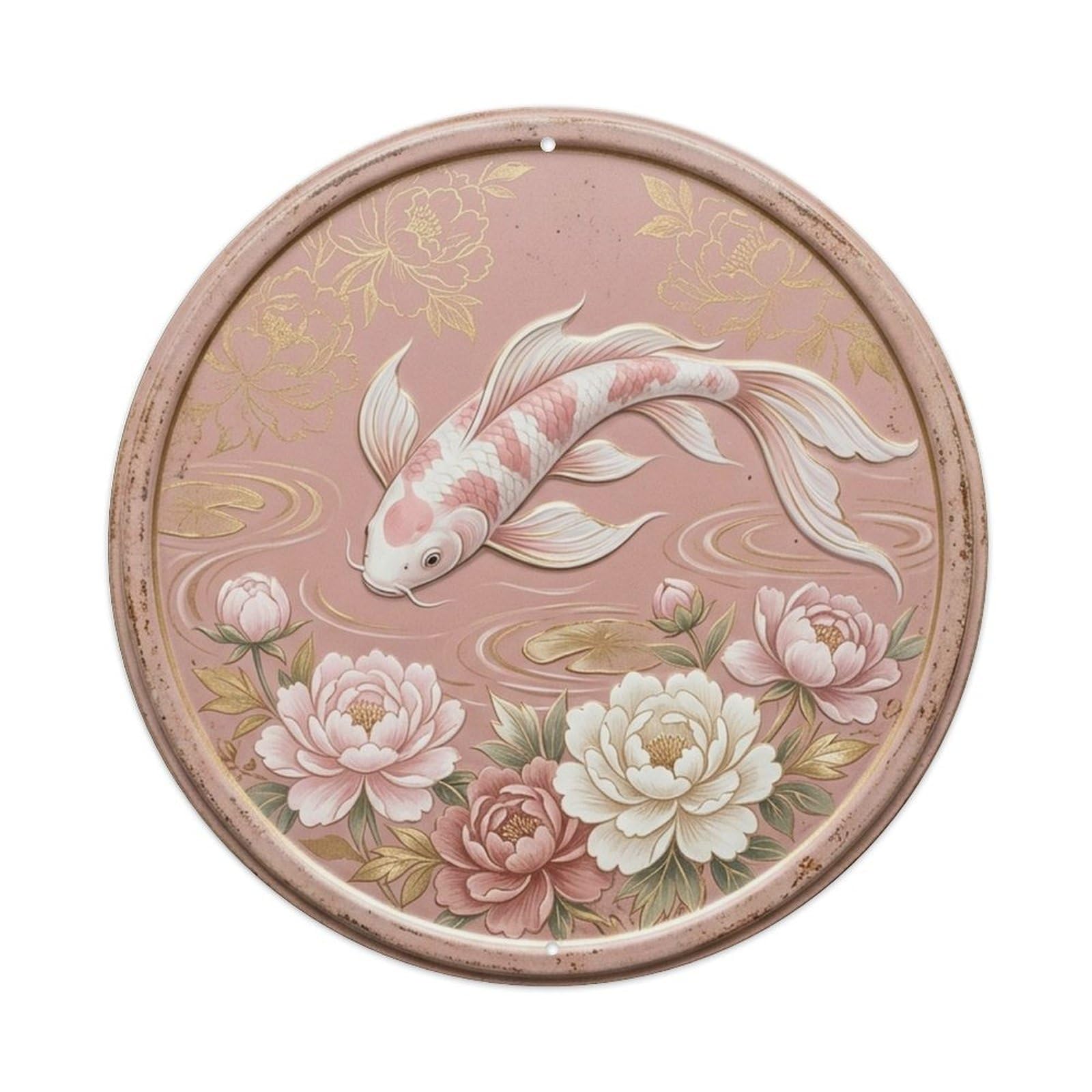 Feng Shui Koi Pond Dusty Rose Romance Asian Harmony Nature Metal Tin Sign Plaque Wall Decor for Cafe, Man Cave, Club Bar, Office, Home Garden Round Metal Poster 8x8Inch