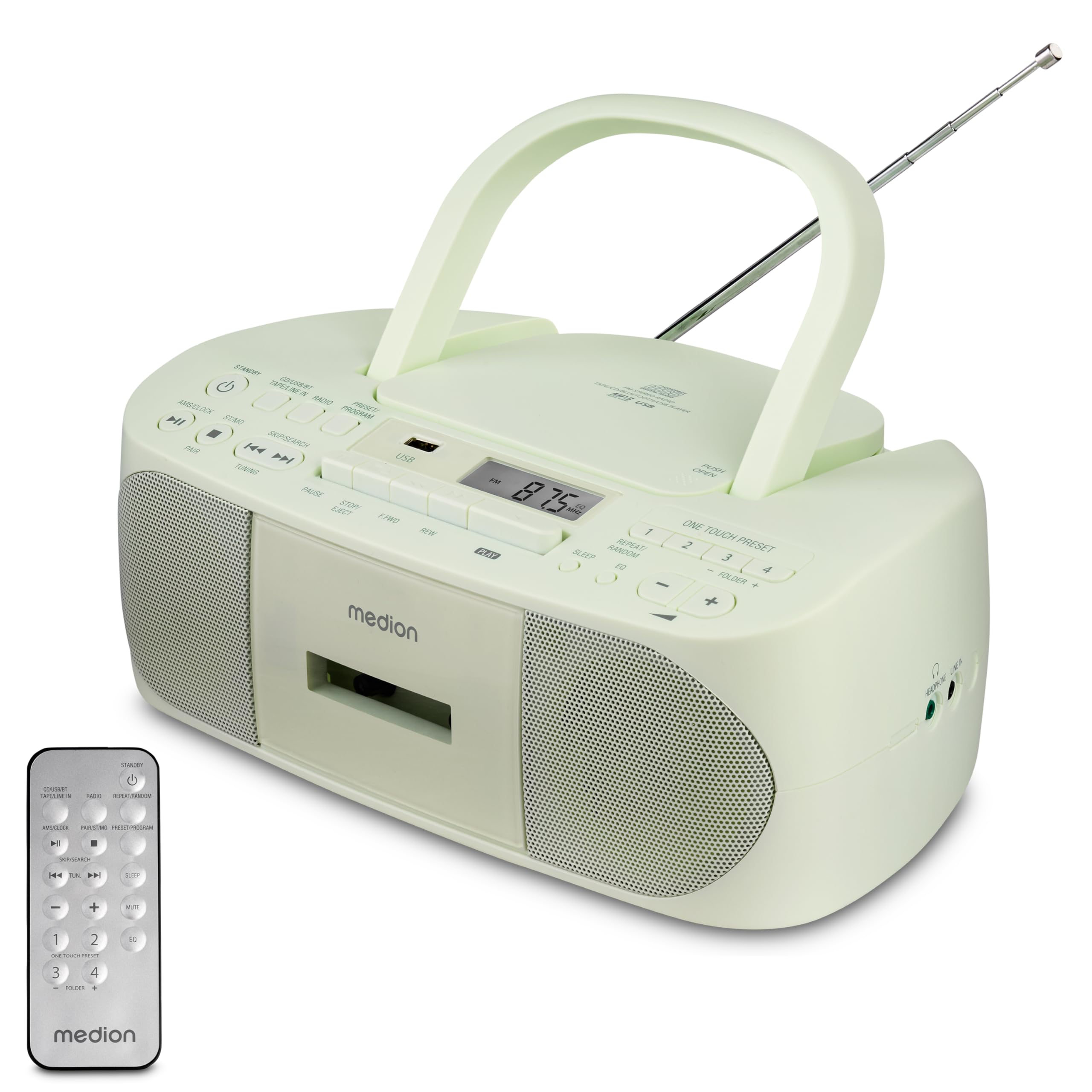 MEDION E65010 Radio estéreo (reproductor de CD, casete, conexión USB, entrada de audio AUX, reproducción MP3. Radio FM PLL, memoria para 40 emisoras, funcionamiento con pilas, mando a distancia) verde