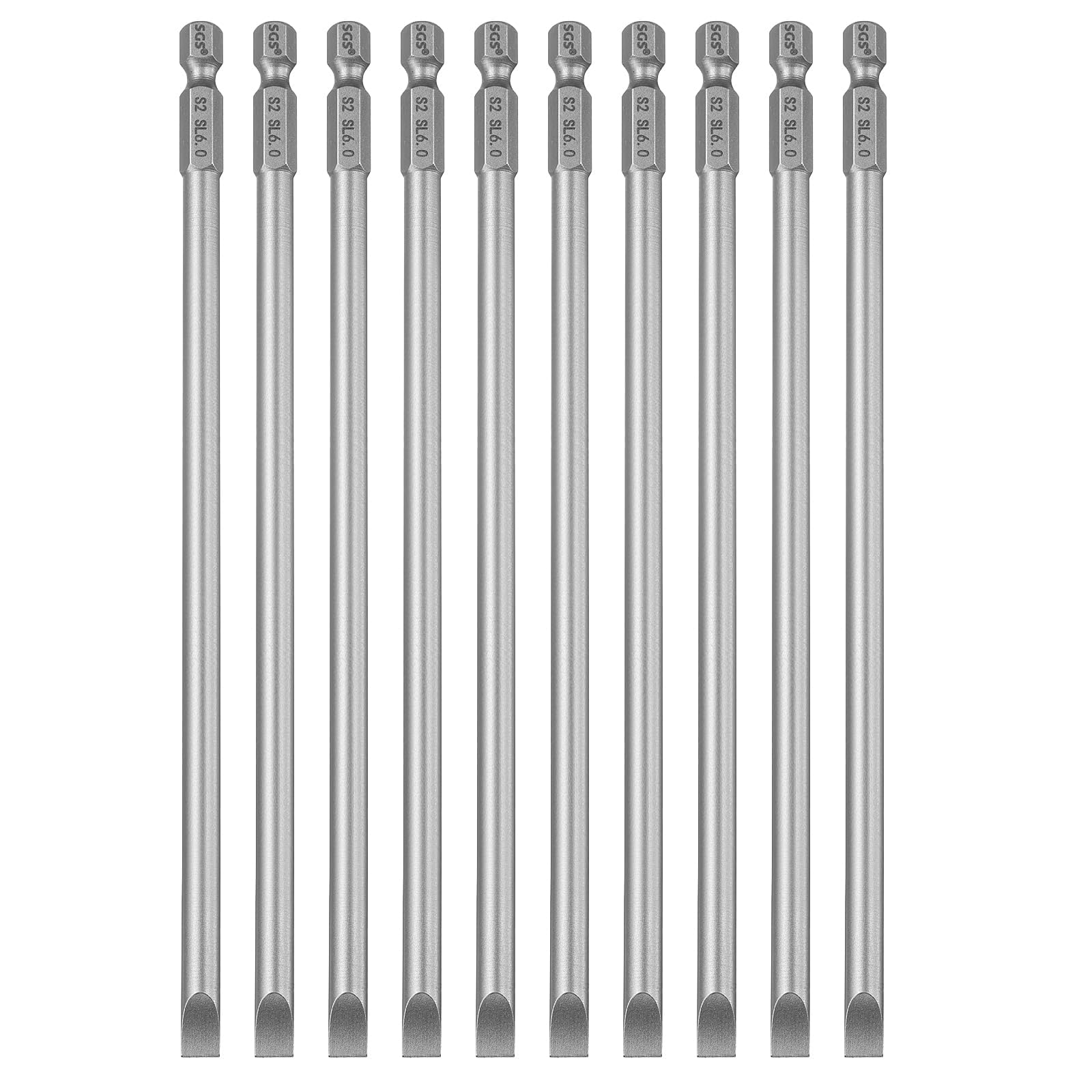 TA-VIGOR 10pcs 6mm Magnetic Slotted Tip Flat Head Screwdriver Bits, S2 Steel 1/4" Hex Shank 6" Length Power Drill Bits Set for Electrician, Mechanic and Repair Work (Sandblasted Finish)