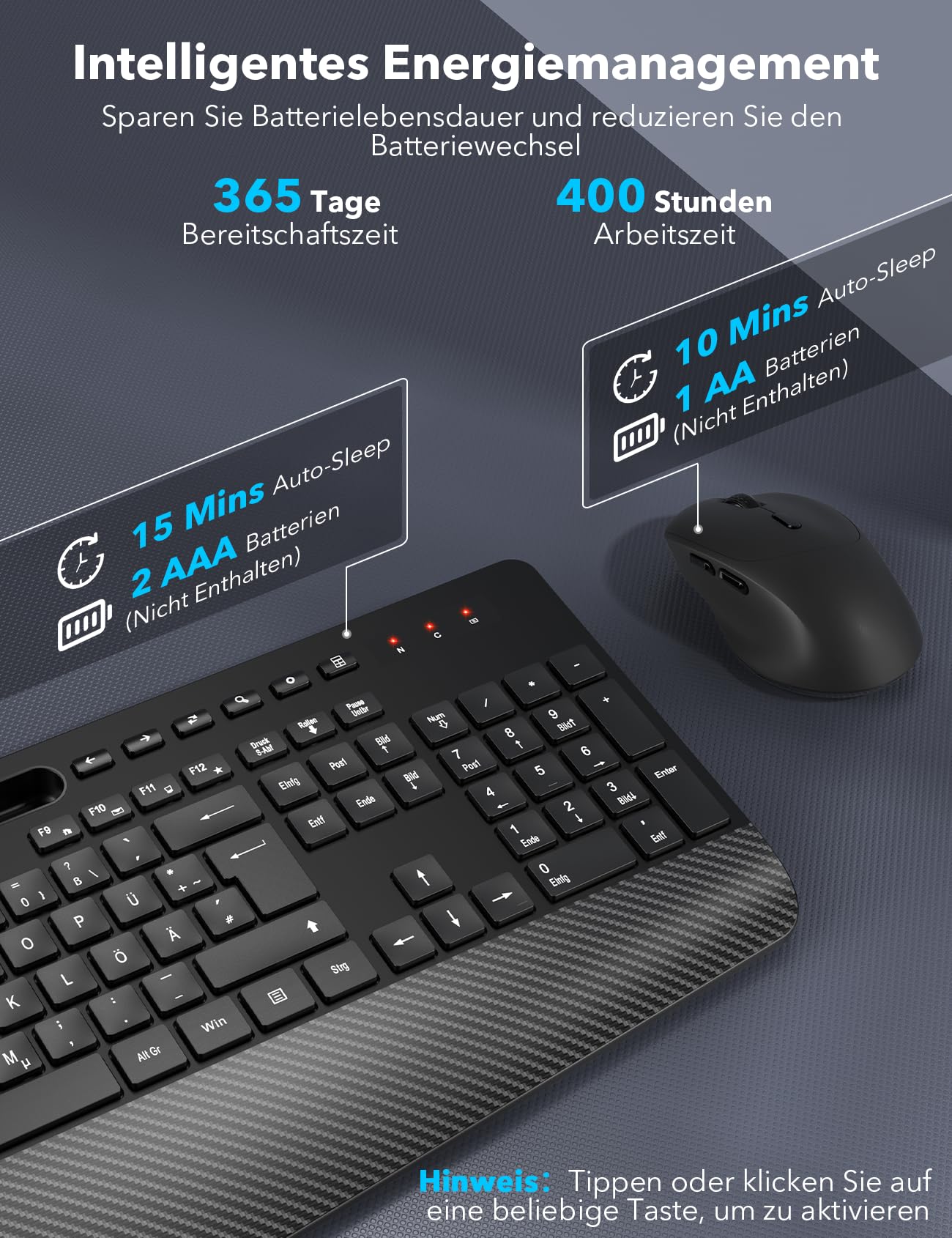 Kabelloses Tastatur Maus Set, Ergonomische Tastatur mit Handgelenkauflage, 2,4 GHz, leise, für Mac Windows Laptop PC