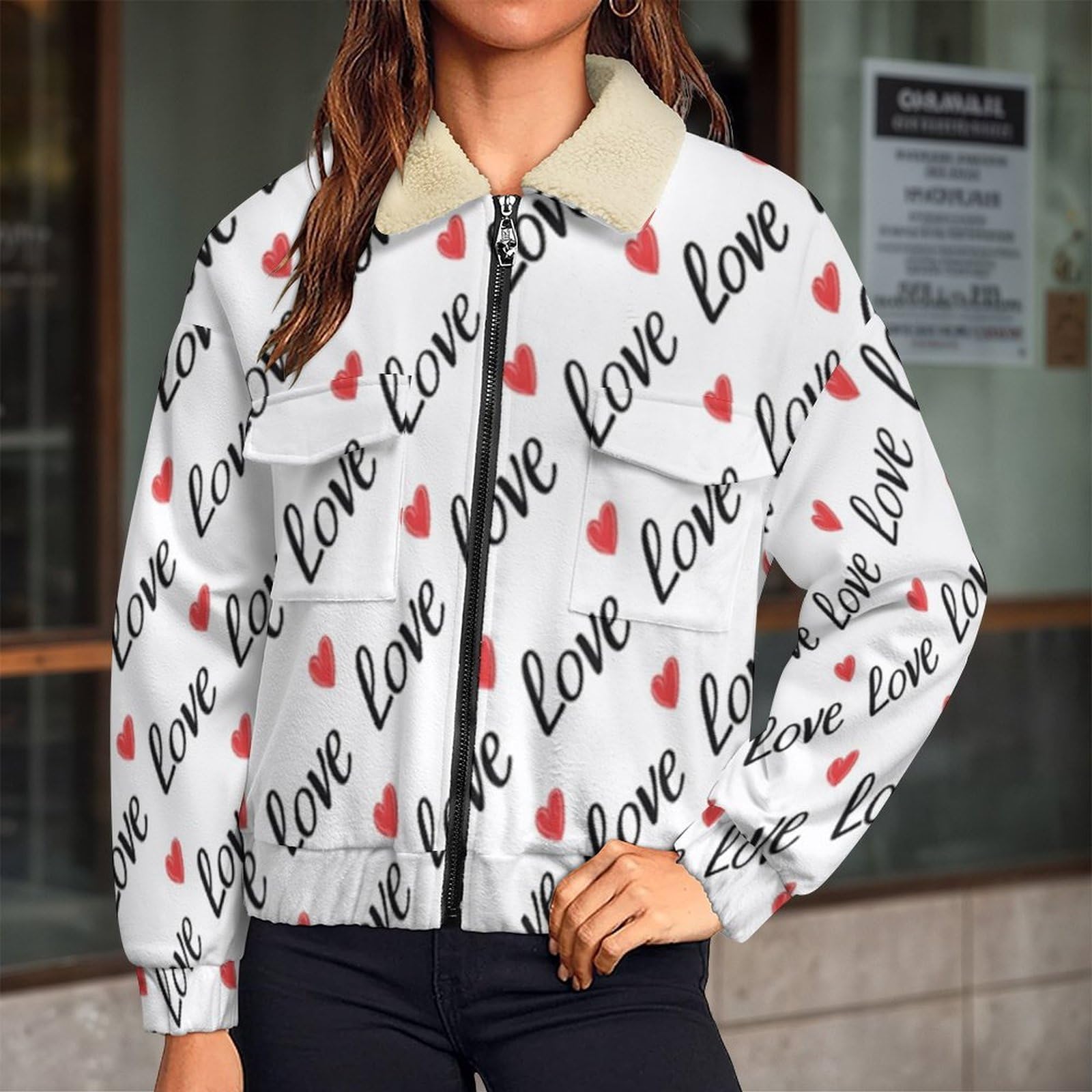 Giacca in Pile Caldi da Donna, Semplice Moda con Stampa a Amore Cuore, Invernale, a Maniche Lunghe, con Chiusura Lampo, Spessa, Comoda, con Tasche