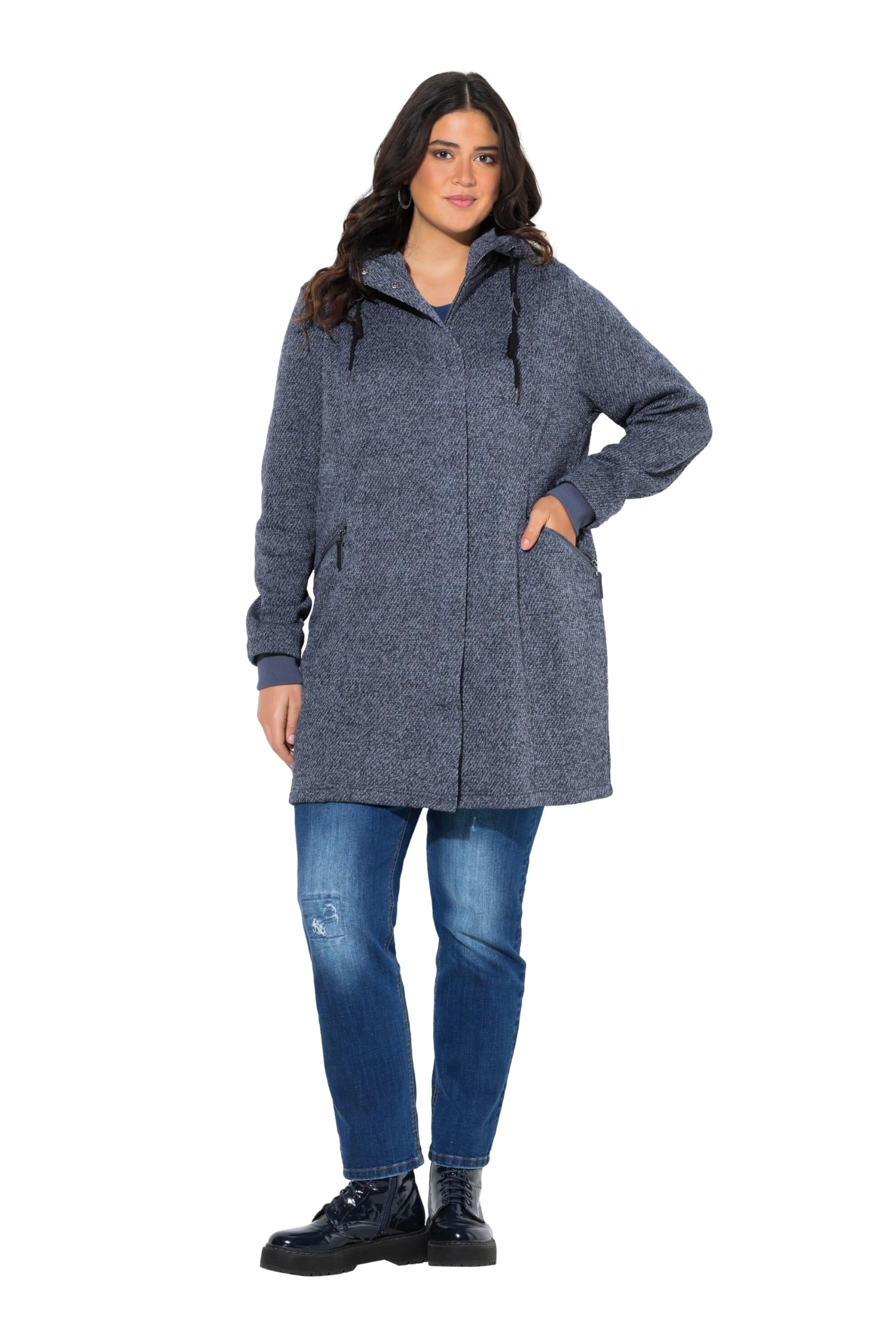 Ulla Popken Damen große Größen Übergrößen Plus Size Strickfleece-Jacke, Kapuze, 2-Wege-Zipper 831604