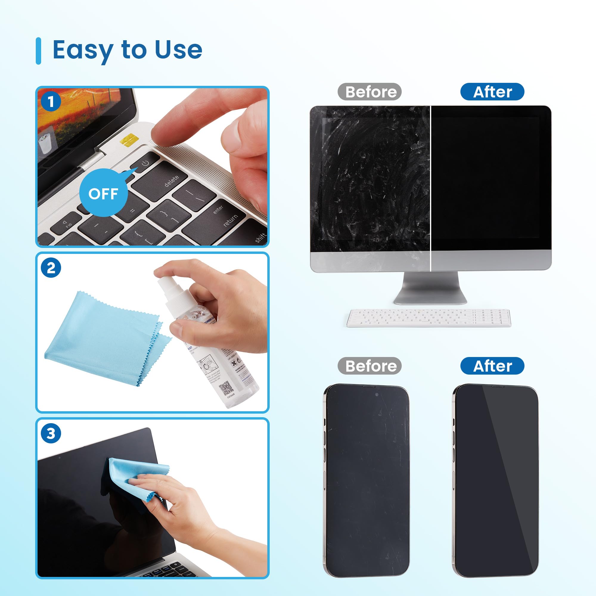 Ewent Kit di Pulizia per Schermi, Smartphone, iPad/Tablet, Occhiali, Lettori eBook, Monitor, Touchscreen e TV, 100 ml Detergente Spray + Panno in Microfibra (20x20cm), Senza Striature e Senza Strisce