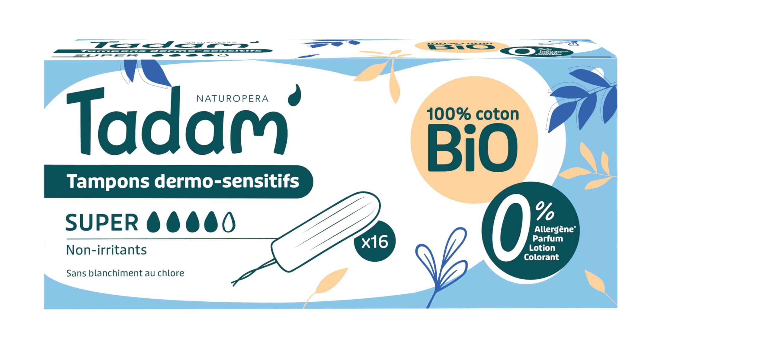 Tadam' - Tampons Hygiéniques Dermo-​Sensitifs - Tampons Femme en Coton Bio Sans Applicateur - Respect Flore Intime - 100% coton bio, Sans Substances toxiques et blanchi sans Chlore - Flux Super