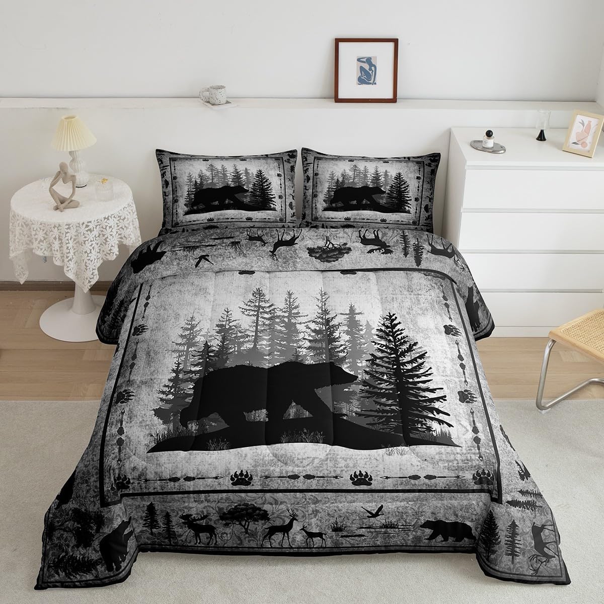 Feelyou Cute Bear Bedding Set Boys Girls Toddler, Farmhouse Bear Comforter Set Kids Women Ultra Soft Rustic Duvet Quilt Set