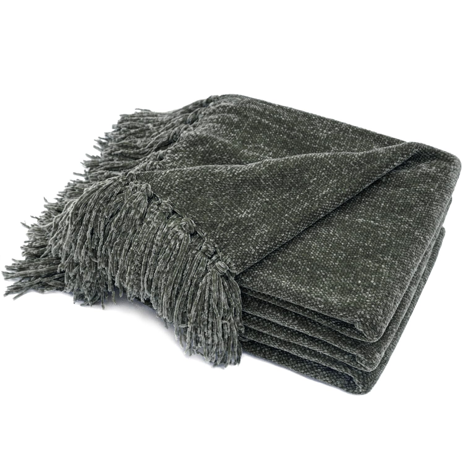 RECYCO Chenille Throw Blanket with Tassels Soft Cozy Sofa Chair Bed Gift, 152x127cm,Dark Green