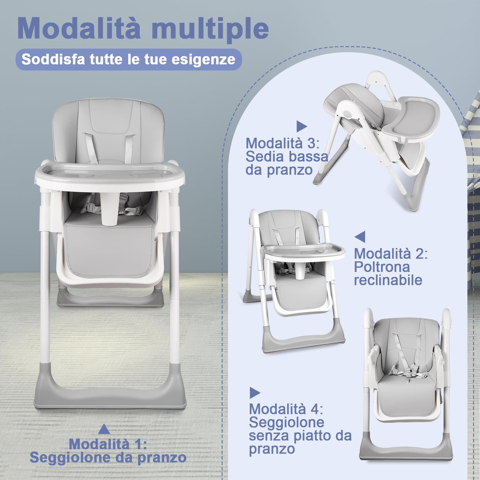 Seggiolone Pappa Portatile, Seggiolone Evolutivo con Vassoio Doppio Rimovibile, 4 Posizioni di Reclinazione e 5 Posizioni di Altezza Seggiolone per Bambini da 6-36 mesi