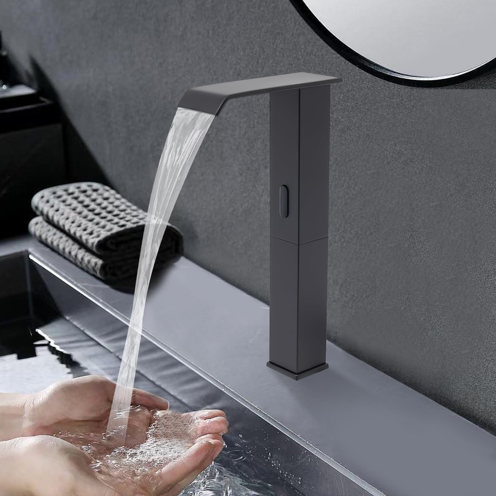 Grifo sensor automático negro, mezclador infrarrojo, caño alto cascada 27cm, latón resistente ahorro agua, válvula cerámica instalación fácil, para cocina cuarto de baño restaurante hotel
