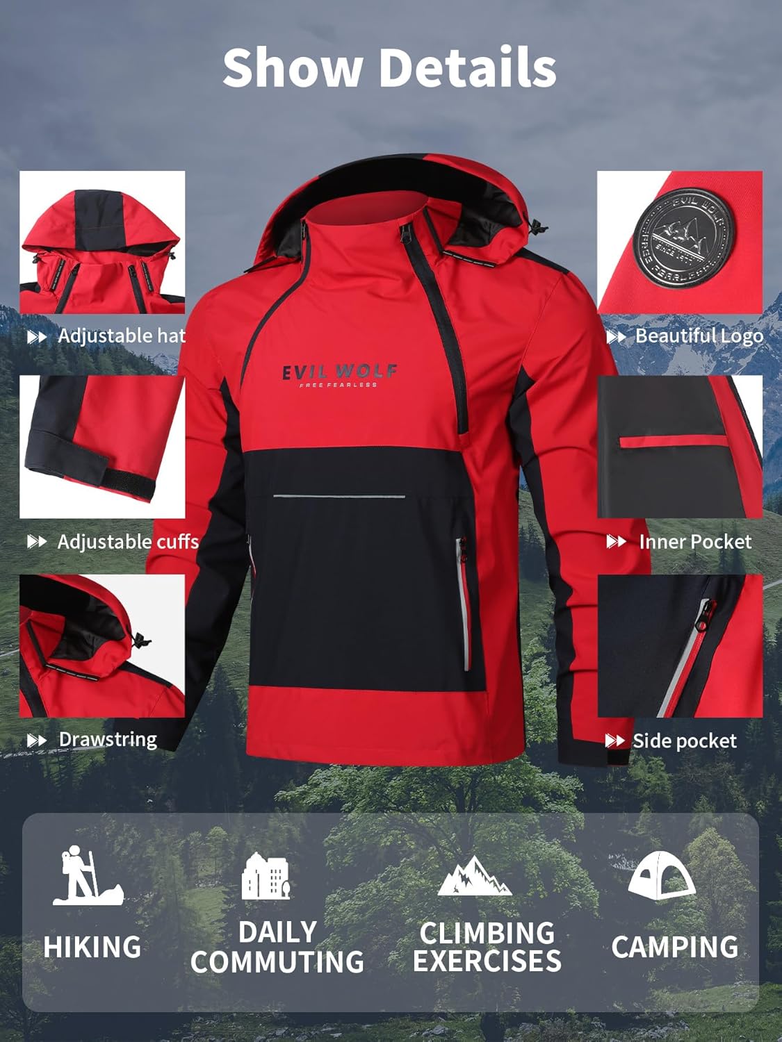 EVIL WOLF Men's Hooded Outdoor Jacket, Color Block Design, Asymmetric Zip Cardigan, Windproof & Waterproof - Image 3