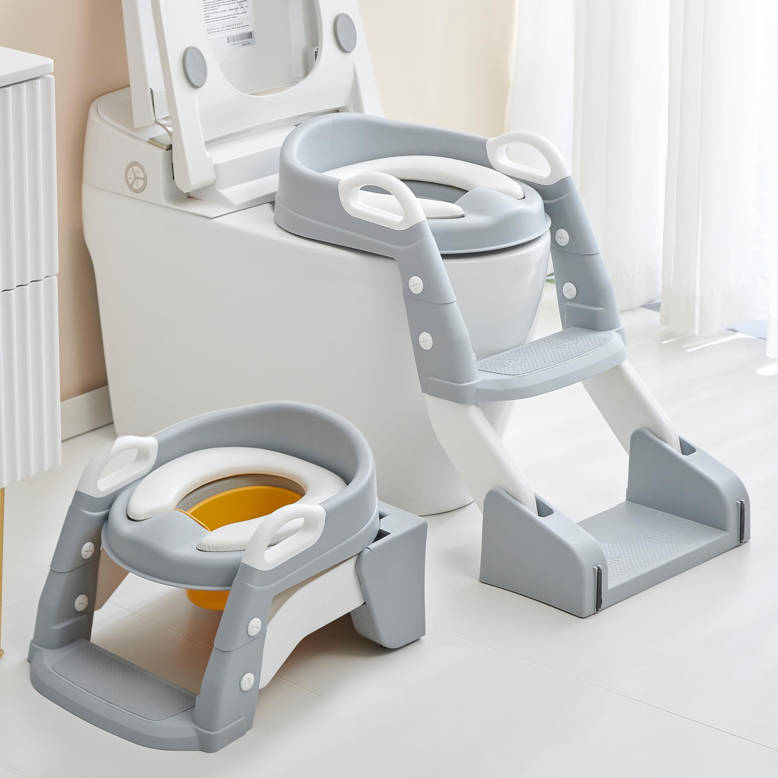 Baybee 3 IN 1 Vega Ladder Potty Seat for Kids | Foldable Baby Western Toilet Seat with Adjustable Height, Grip Handle & Cushion Seat | Potty Training Seat Chair for 1 to 8 Years Boys Girls (Grey)