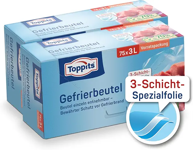 Toppits Gefrierbeutel mit Standboden - 150 Stück, 3 Liter, reißfest & wiederverwendbar