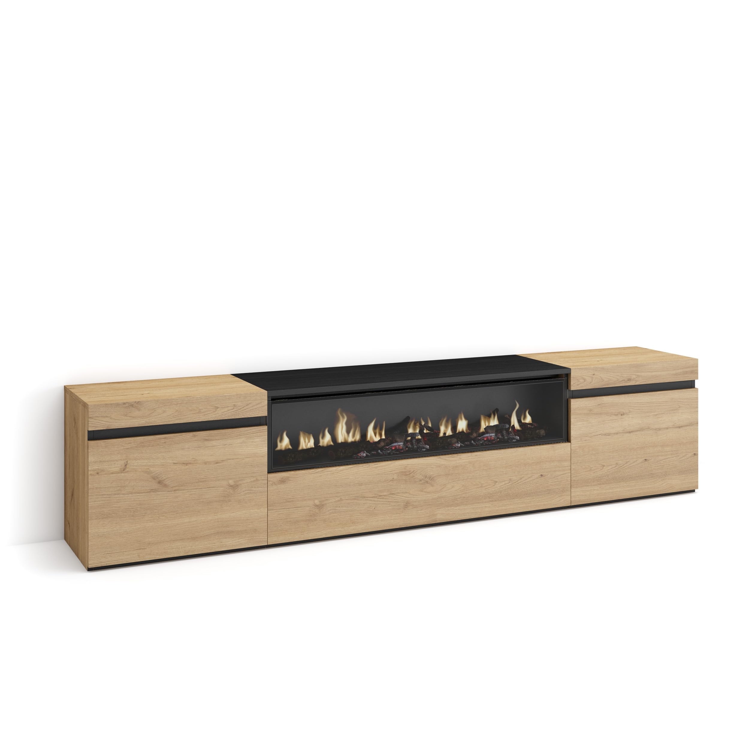 Skraut Home | Mueble TV | Televisión | Muebles de salón, almacenaje | 200x45x35cm | para TV hasta 80" | Chimenea eléctrica | Estilo Moderno | Roble y Negro