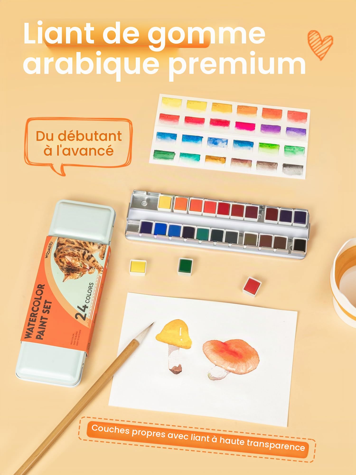 Woomer Aquarelle 24 couleurs couleurs vives haute pigmentation