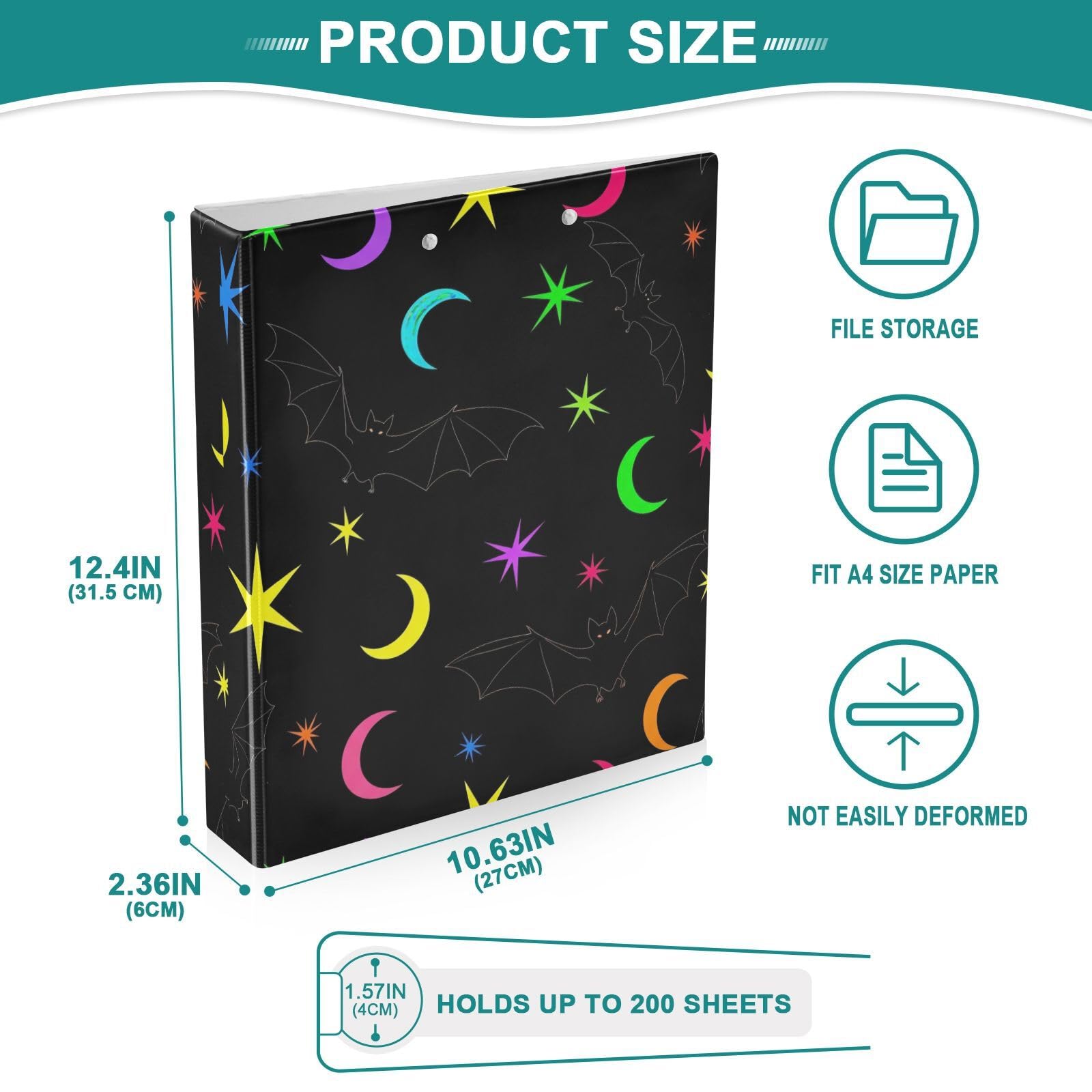 Raccoglitore a 3 anelli, con stelle e lune, colore nero, confezione da 2