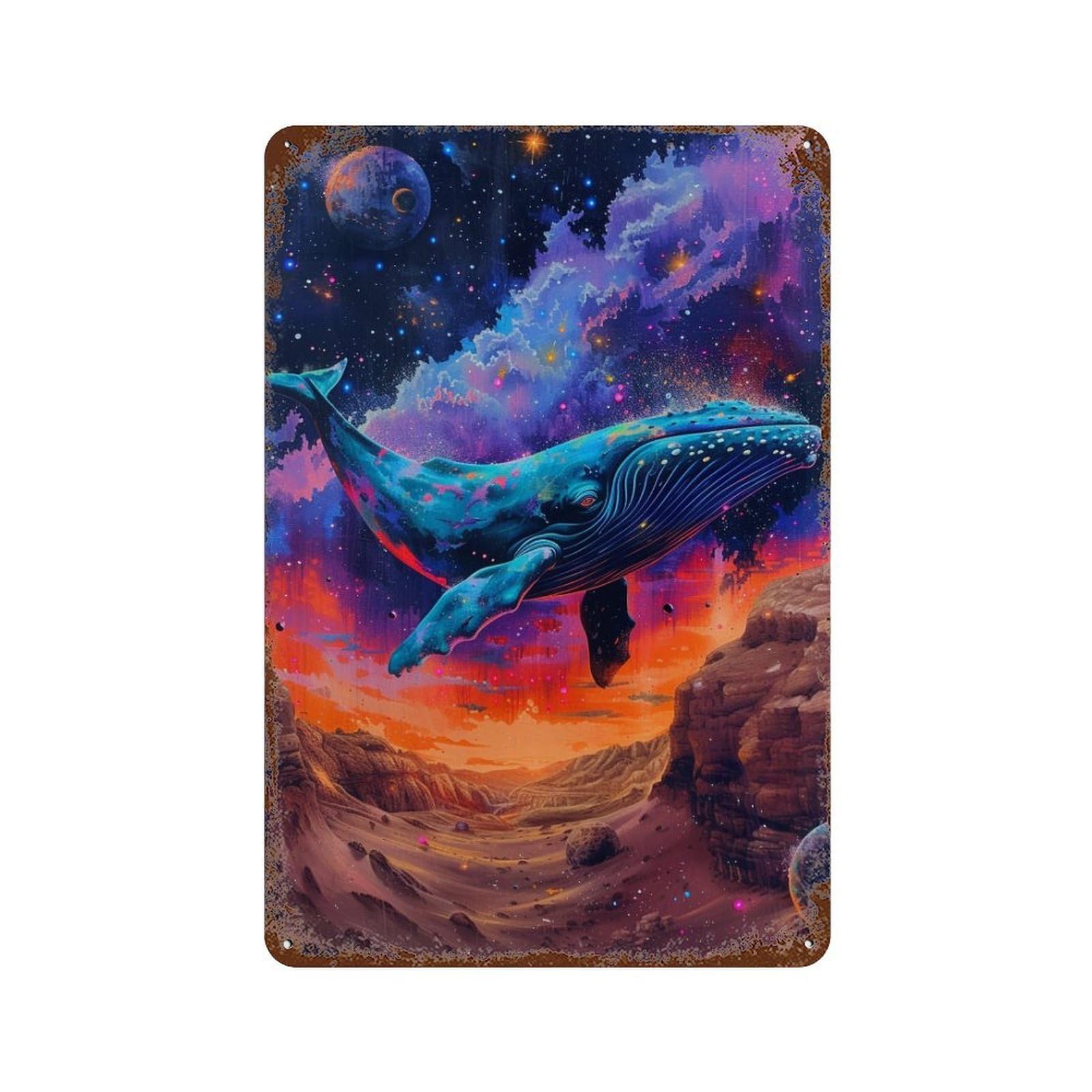 Distressed Metal Wall Sign Whale in Space Painting 11.8"x7.9", Rustic Home Decor for Farmhouse, Kitchen And Entryway Decor