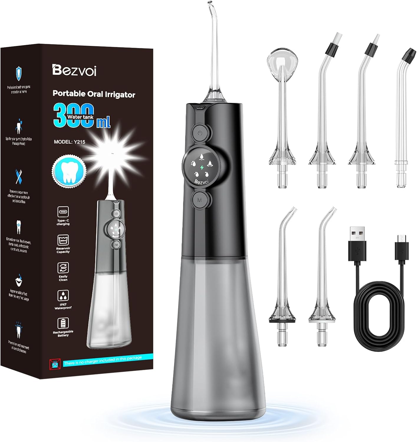 Bezvoi Water Flosser for Teeth, LED Display 5 Modes & 40-Day Battery, Cordless Water Dental Pick for Braces, Removable 300ML Water Tank for Easy Clean, IPX7 Waterproof Portable for Travel
