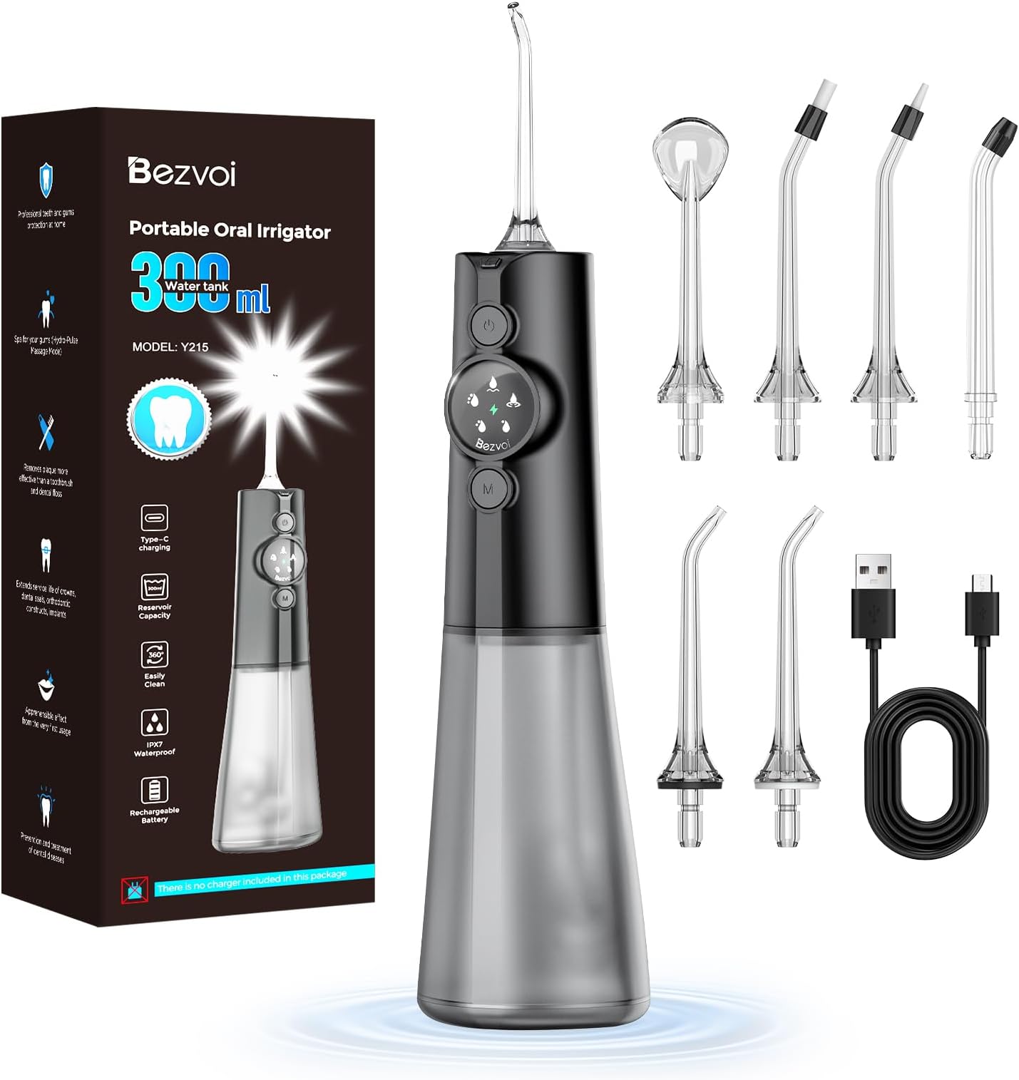 Water Flosser for Teeth Cordless: Professional Oral Irrigator LED Display 5 Modes, 300ML Water Tank, IPX7 Waterproof Electric Tooth Cleaner, Water Floss with 6 Jet Tips for Home Travel, Black