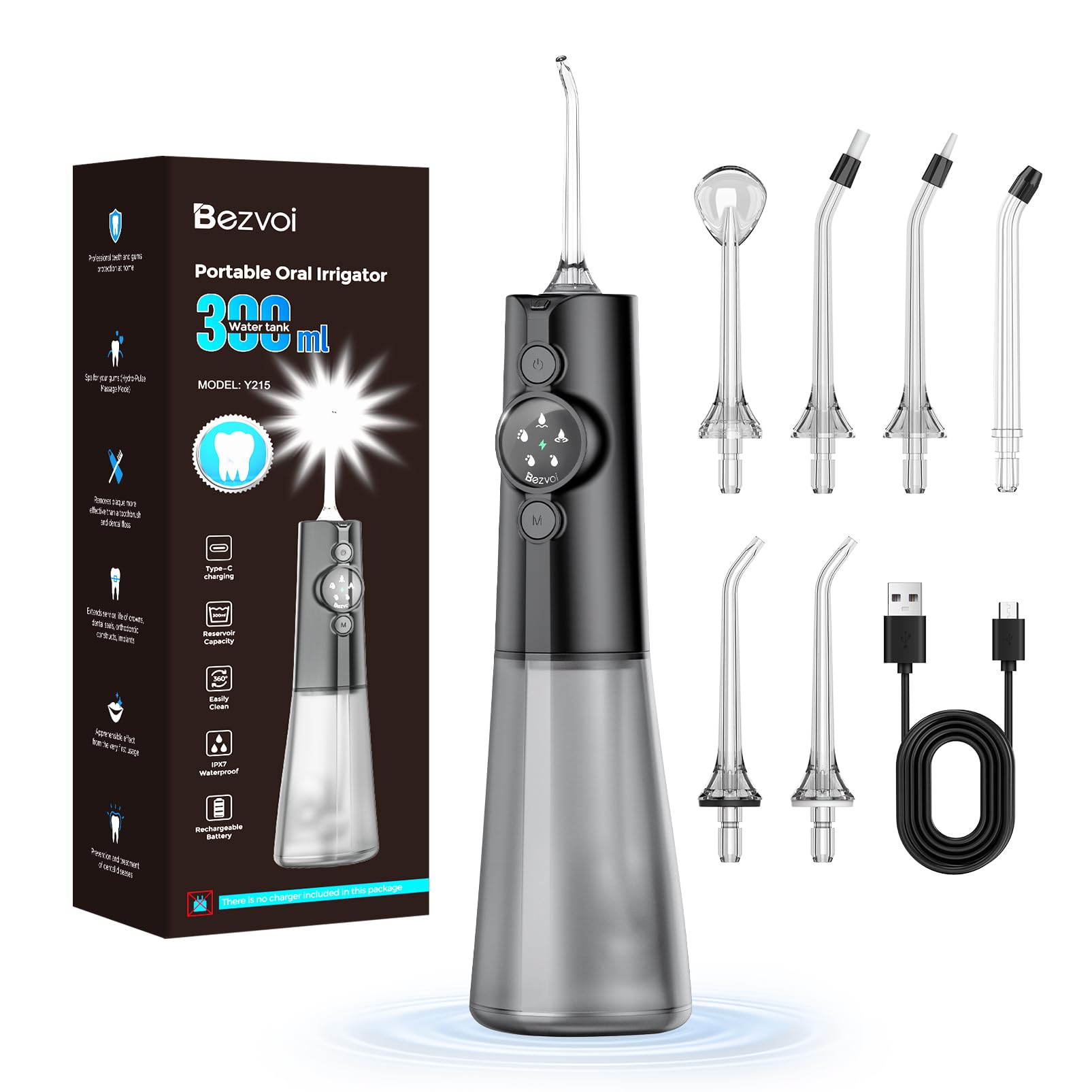Bezvoi Water Flosser Teeth Pick: 300ML & LED Display 5 Modes Rechargeable Dental Flossers for Braces,Sensitive Gums, Portable Flossing for Teeth Cleaning, IPX7 Waterproof Cordless for Home Travel Use