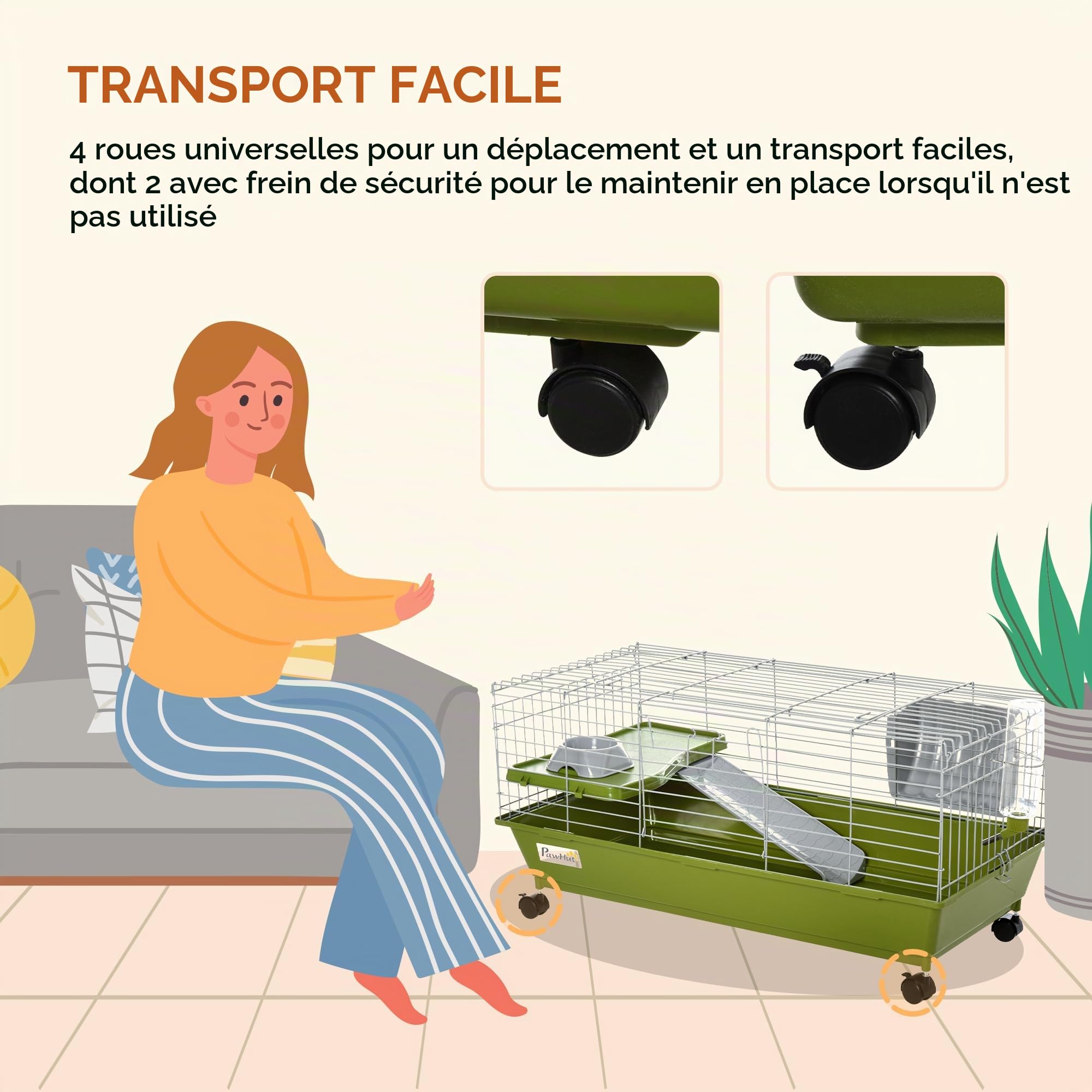 PawHut Cage Lapin/Cochon d'Inde, roulettes, 89x44x43cm, Vert