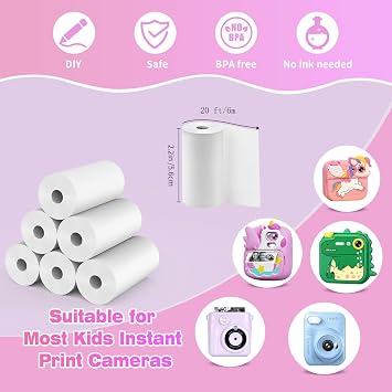 6 Rolls Instant Camera Refill Print Paper for Kids,White-6 | Photo Printer HD Printing Thermal Print Paper Rolls Fit for Most Kids Instant Camera