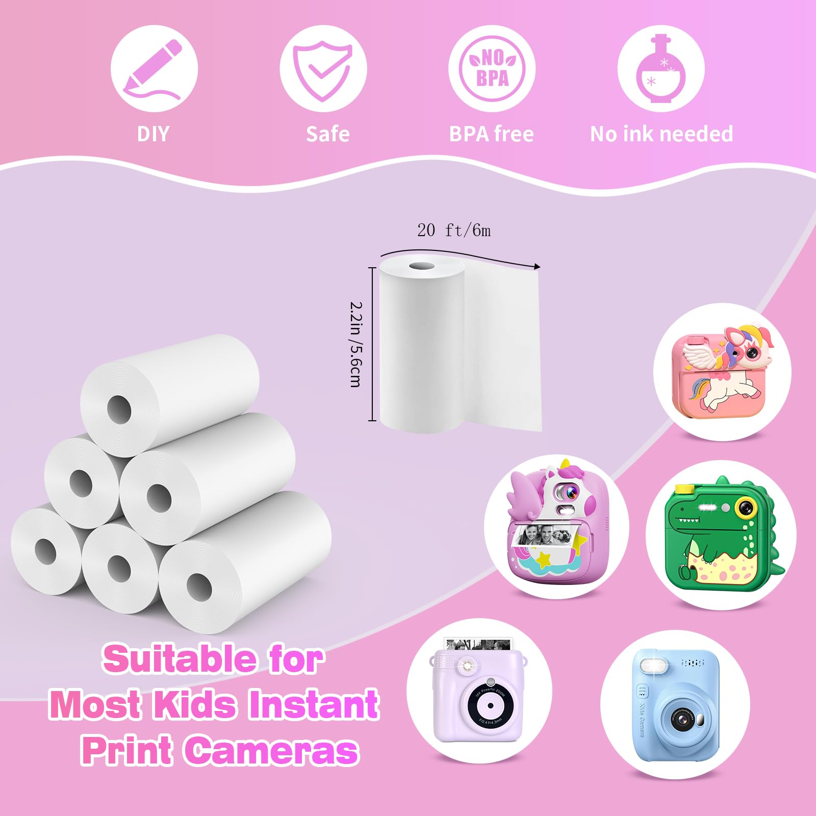 Riosin 6 Rolls Instant Camera Refill Print Paper for Kids Photo Printer HD Printing Thermal Print Paper Rolls Fit for Most Kids Instant Camera (White-6) - Image 2