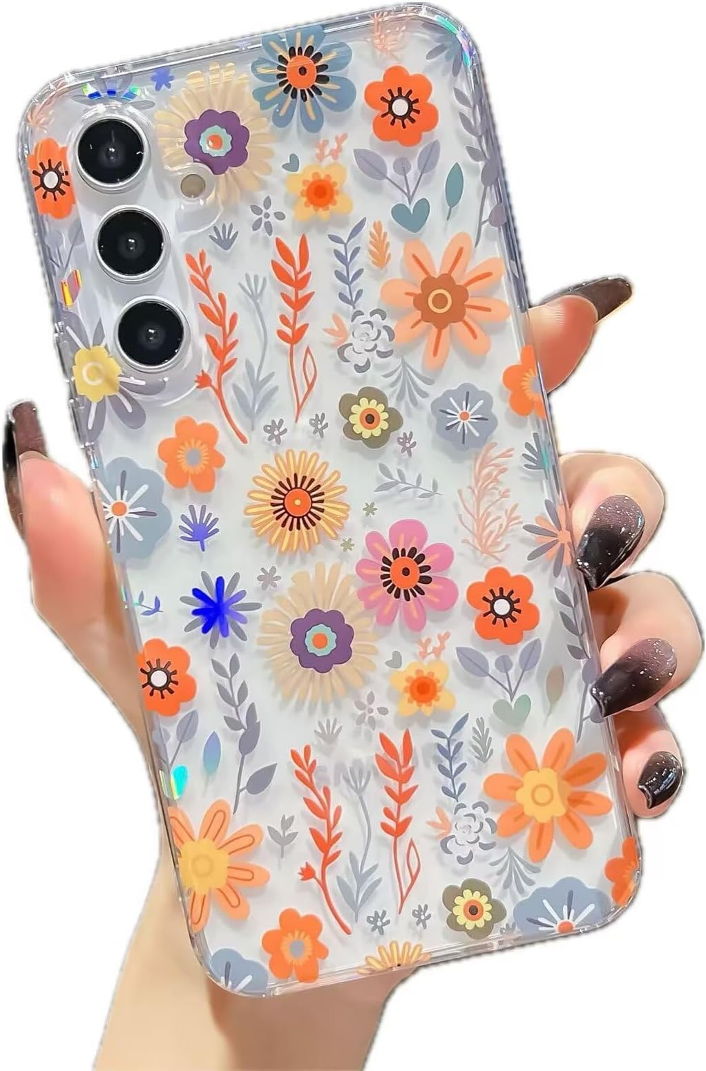Laser Change Color Flower Cover for Samsung Galaxy A56 5G,Floral Iridescent Holographic Shockproof Hard Case Protective Clear Flower Bumper for Girls Women