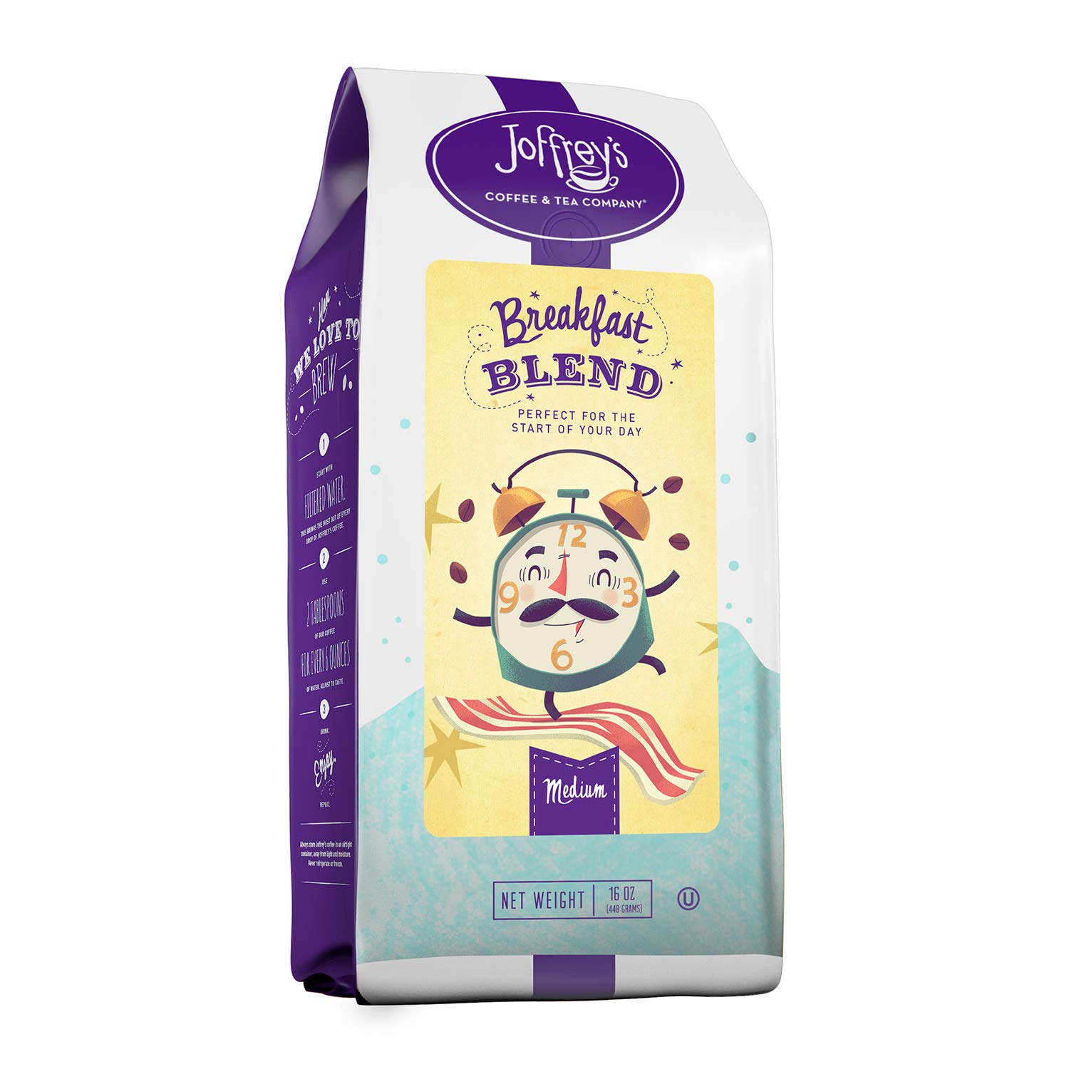 Joffrey's Coffee - Breakfast Blend, Rich Coffee Blend, Artisan Medium Roast, Arabica Coffee Beans, Smooth-Bodied Blend, Balanced Flavor & Aroma, Brew or French Press (Whole Bean, 16 oz)