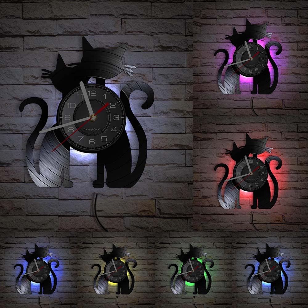 Orologio Da Parete A Forma Di Gatto In Vinile - 30x30cm, Con Luci LED Notte A Colori, Movimento Silenzioso, Nero