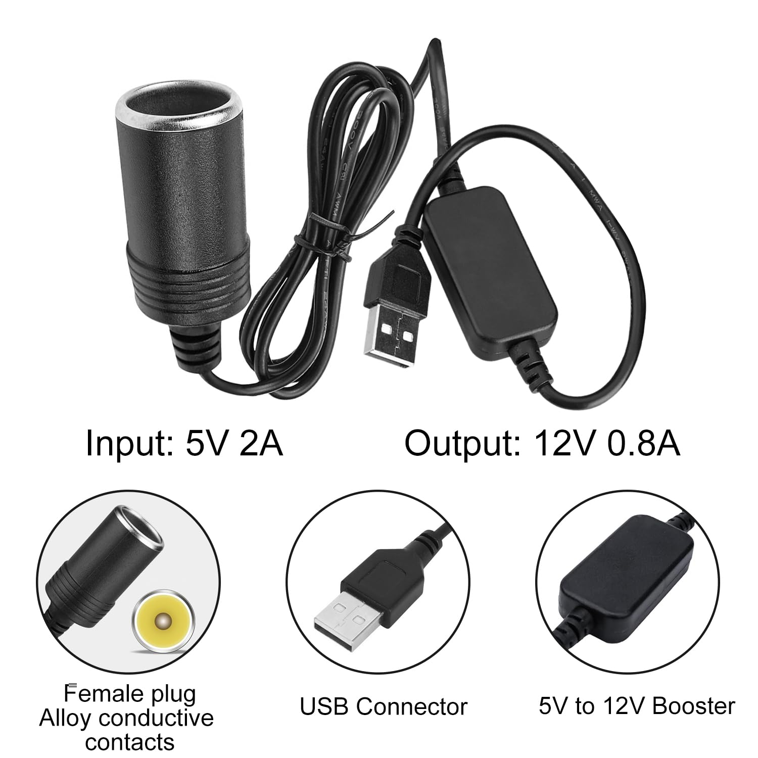 5V USB a Maschio a 12V Adattatore Presa Accendisigari, Cavo di Alimentazione 12V 18W, 1,2 m, per Telecamera Auto GPS Cane Elettronico Registratore di Guida