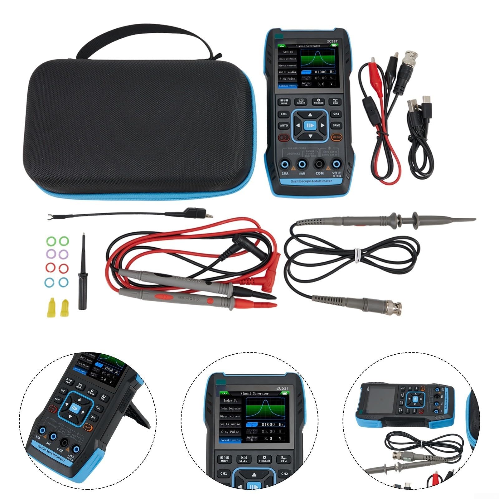 Osciloscopio digital 3 en 1 2C53T con generador de señal y multímetro, 50 MHz, LCD a color de 2.8 pulgadas, salida DDS paso de 1 Hz, guardado/exportación de forma de onda, para mantenimiento y