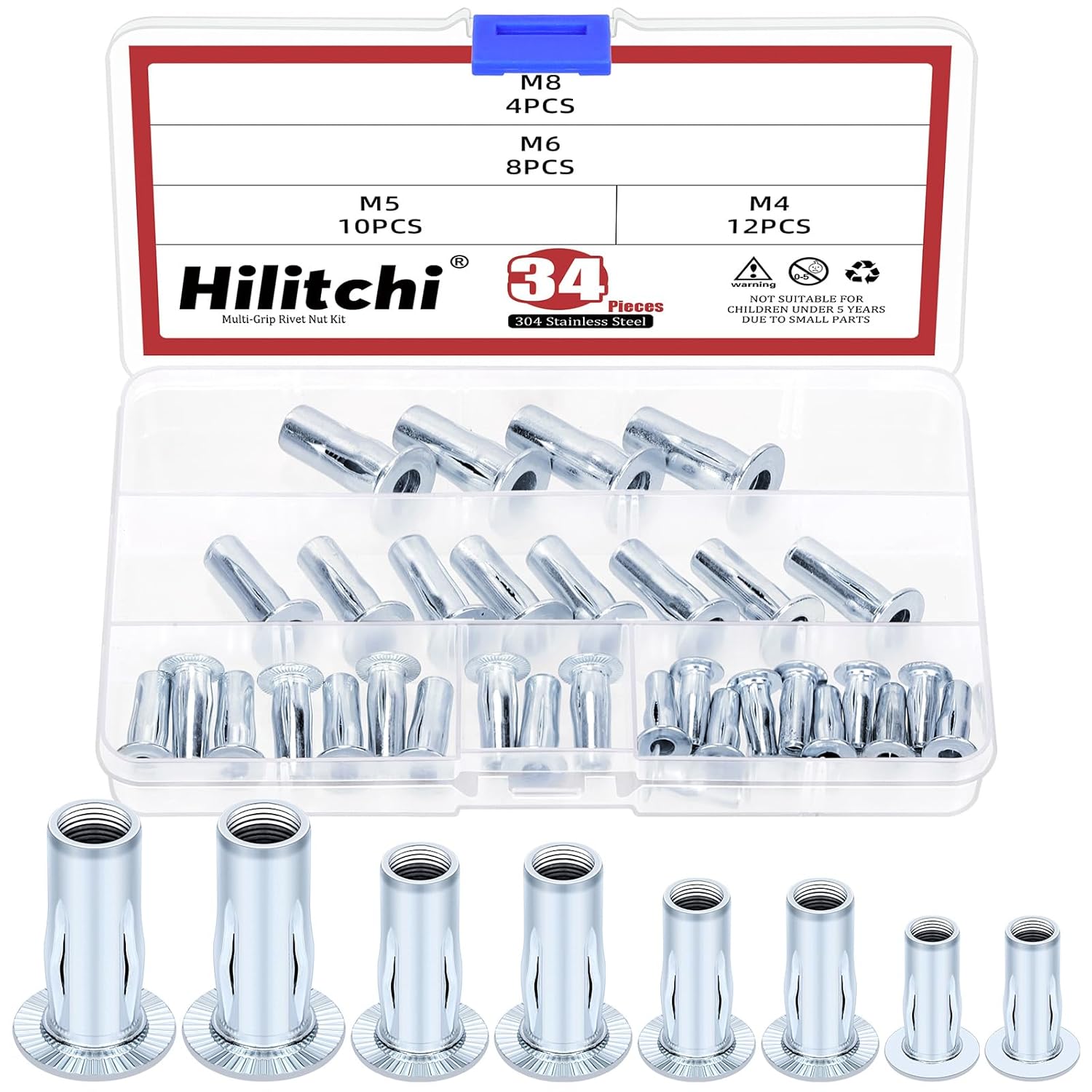 Hilitchi 34Pcs M4 M5 M6 M8 Multi-Grip Rivet-Nut Set, Flat Head Threaded Insert Nut Pre Bulbed Threaded Shank Inserts, Zinc Plated Flat Head Slotted Nut Construction Fasteners for Industrial