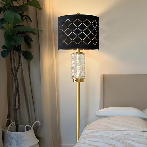 Miniatura 7 de Oneach Lámpara de pie de 63.75 pulgadas para sala de estar, moderna lámpara dorada con luz nocturna LED de cristal, lámpara de pie vintage con