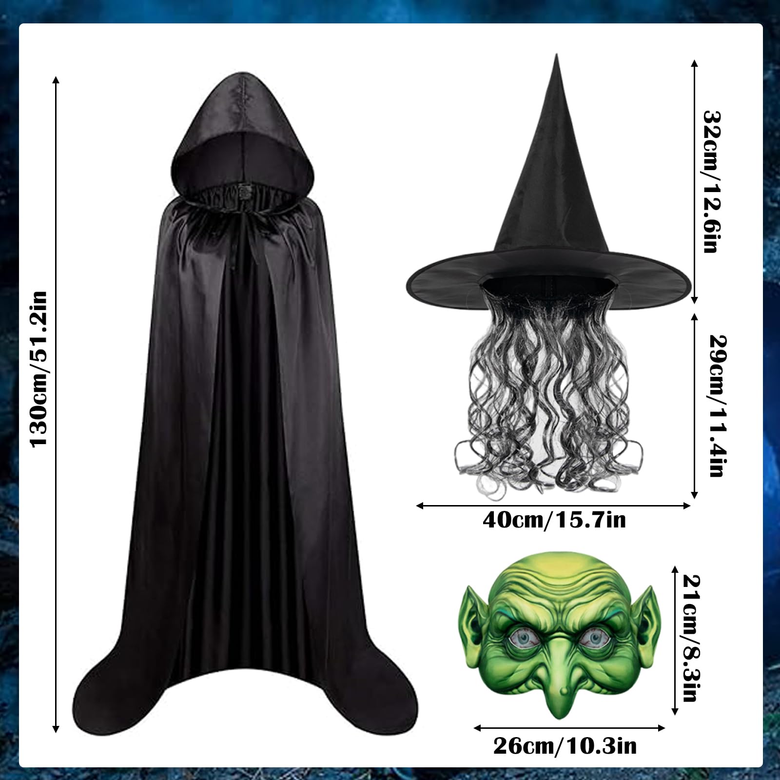 WORUIB Witch Costume, 3-Piece Witch Face Mask Set for Halloween Parties, Cosplay, Theatrical Performances, Witch-Themed Events, Black 130 cm (Excluding Hat Length) - Image 2