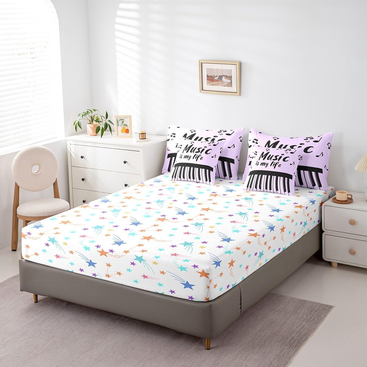 Loussiesd Musica Letto Trapuntato Strumento Musicale Piumino Letto Con Lenzuola 7 Pezzi 135x200cm(7-piece Set) Per Bambini Ragazze Ragazze Hip Hop Musica Rock