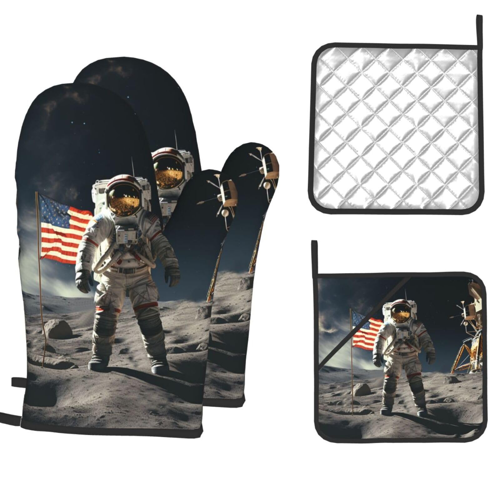 Oven Mitts and Pot Holders Set of 4 Heat Resistant Non-Slip Kitchen Gloves Hot Pads Astronaut Landing on The Moon Non-Slip Potholders for Cooking Baking Grilling BBQ