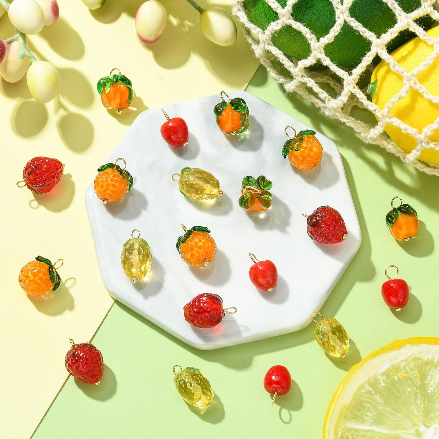 Ipotkitt 20 Pcs 5 Style Colorful Handmade Lampwork Glass Fruit Charms Crystal Mini Orange Pineapple Strawberry Charms for DIY Jewelry Making image 5