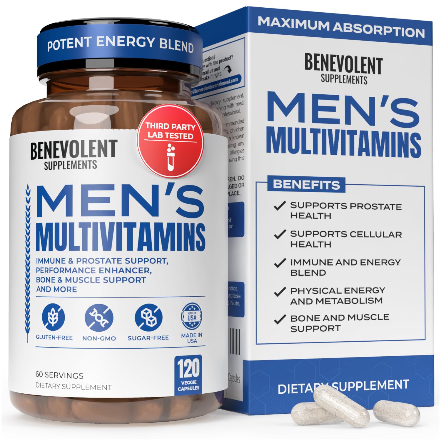 Benevolent Premium Multivitamin for Men – Advanced Men's Multivitamins Complex with Magnesium, Biotin, Zinc & Antioxidants for Energy, Immunity & Prostate Support – Daily Vitamins, Non-GMO, 120 Caps