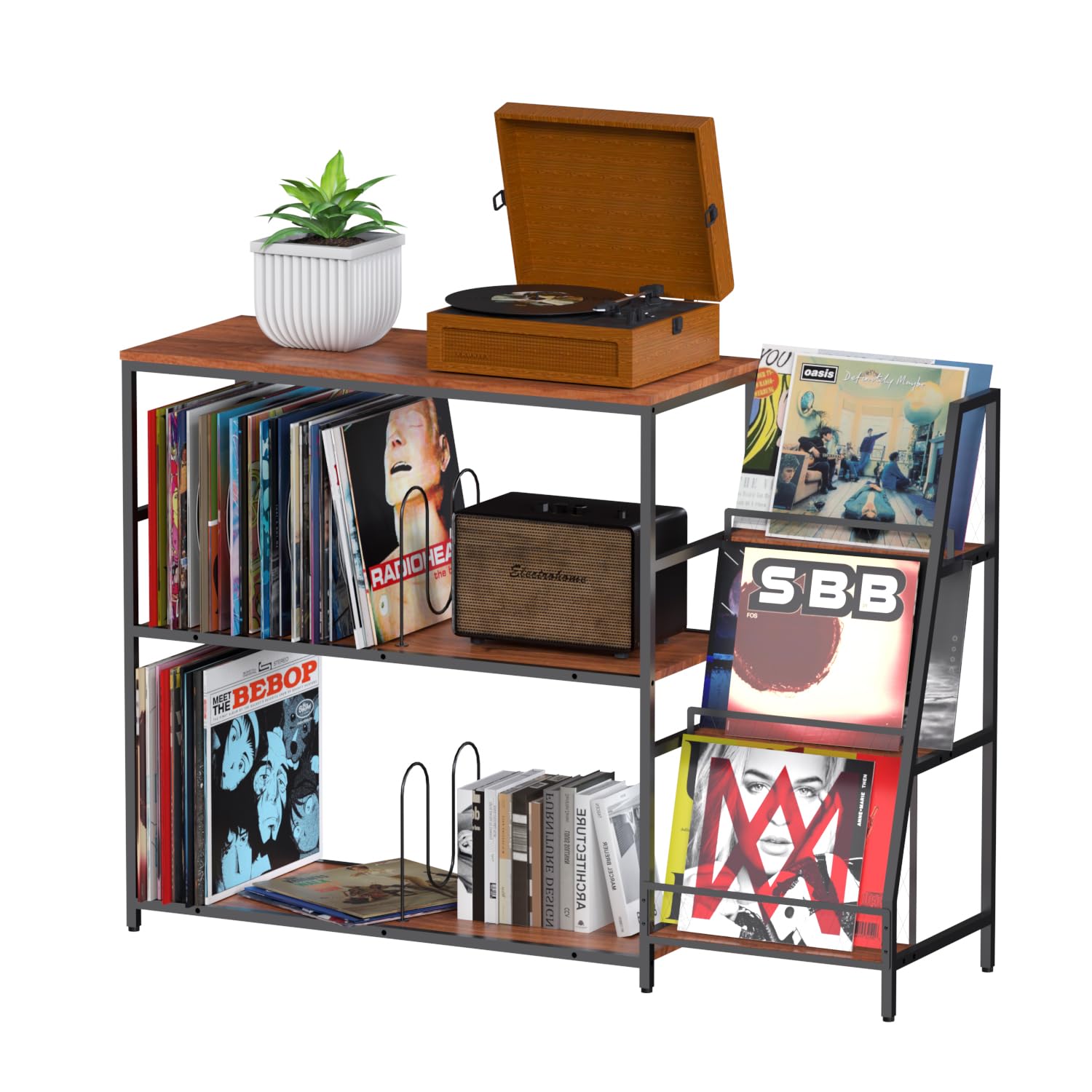 YCJY Beistelltisch Plattenspieler,Schallplattenständer,Vintage Plattenspieler Tisch,mit 2-stufiger Vinyl Schallplatten Lagerung Schallplatten Aufbewahrung bis zu 400 Alben,Vinyl Stand