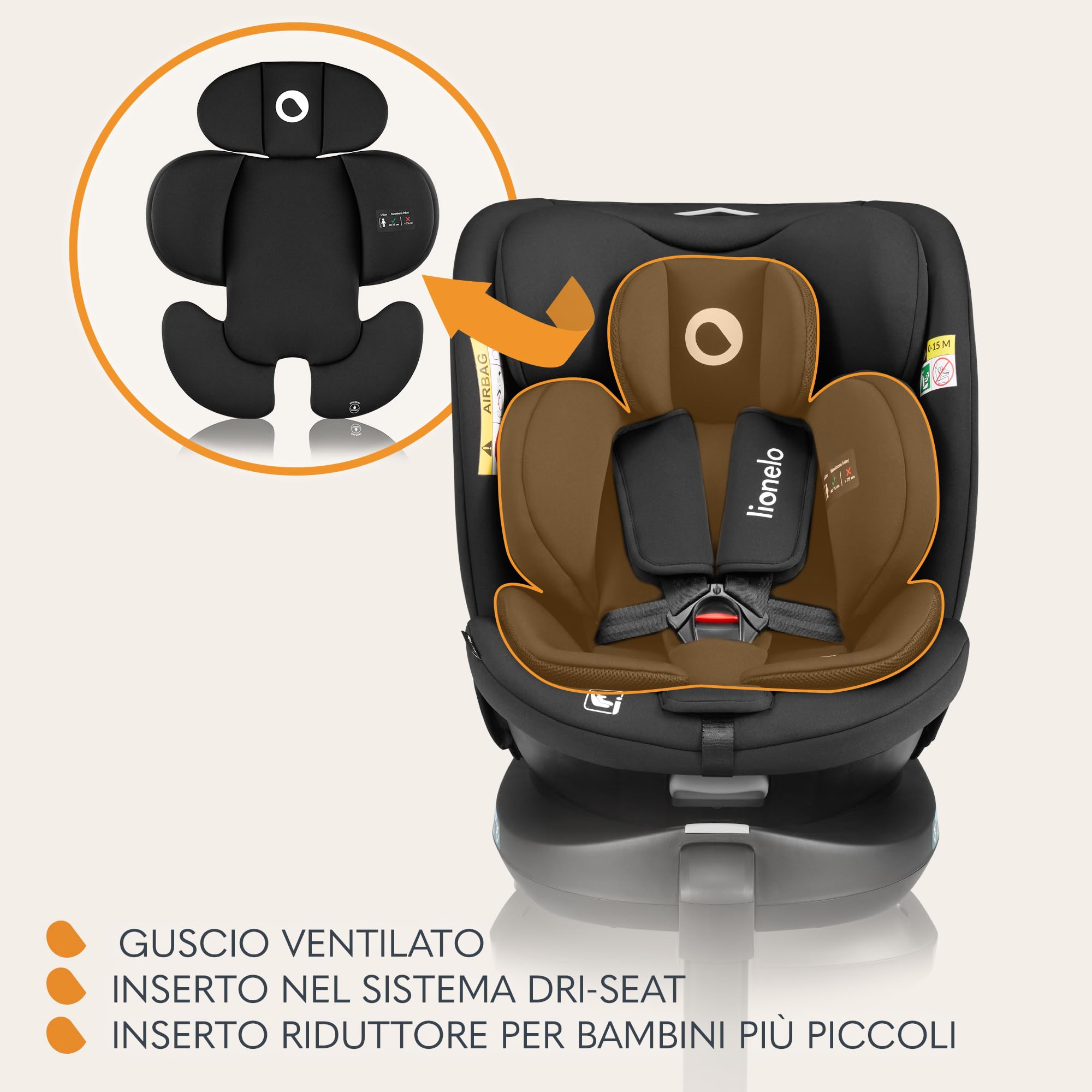 LIONELO Seggiolino Auto NAVY i-Size con ISOFIX, Girevole a 360° e Reclinabile, Bambini 40–150 cm (0–12 anni), Fronte e Retro Marcia, Piede di Supporto, Poggiatesta 11 Livelli, Ventilato e Comodo