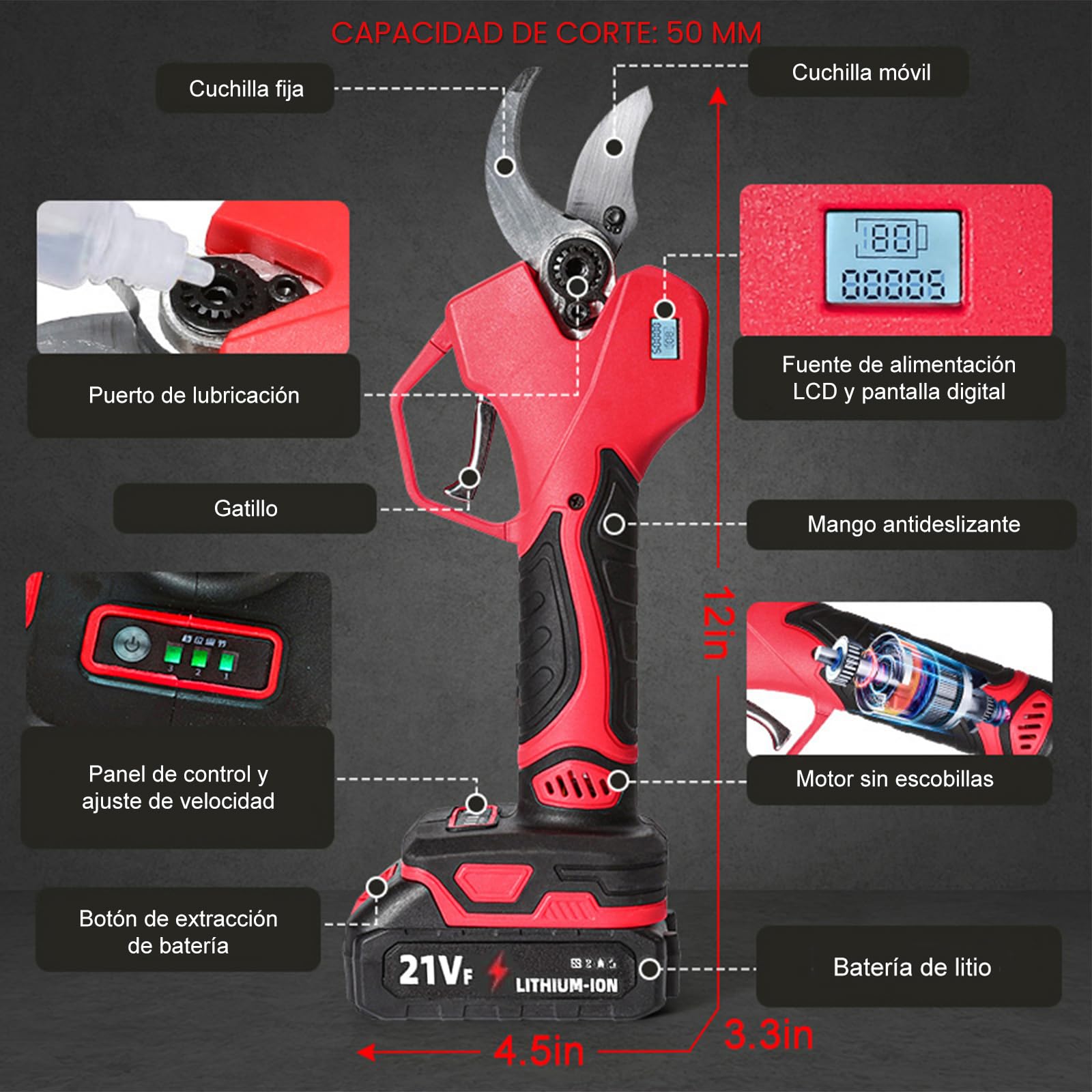 Tijeras de Podar Electricas, 50 mm Tijeras de Poda con 2 Baterías 3000 mAh, Pantalla LCD, 1000W Sin Escobillas, Tijeras podar Bateria para Poda de Árboles, Setos y Ramas