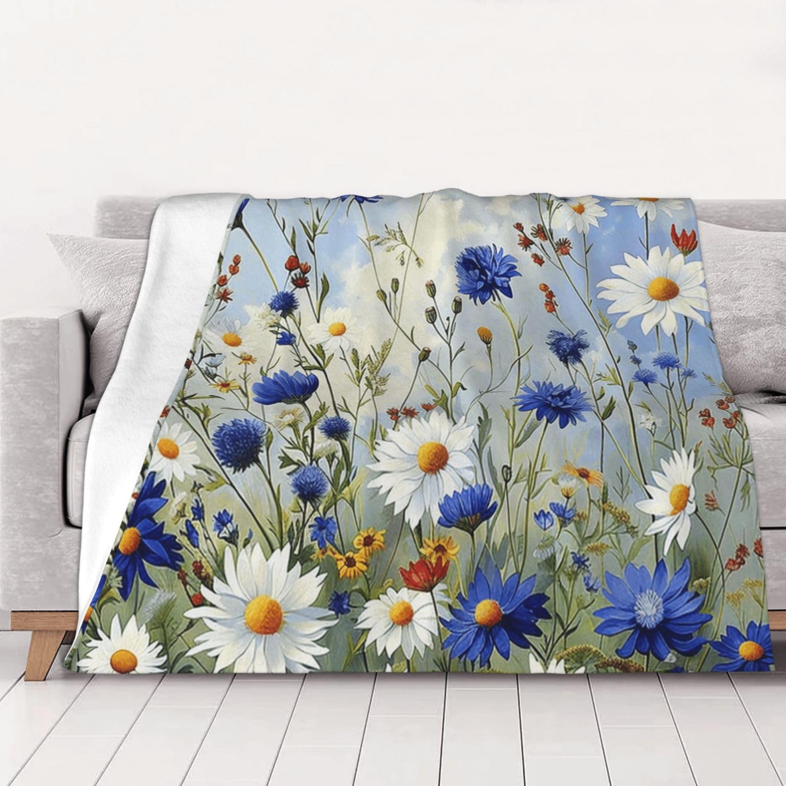 AUBKFELD Wild Flowers and Cornflowers Daisies art Printed Flannel Blanket 150x125 CM, Soft & Warm Throw Blanket for Sofa/Couch/Bed/Car, Gifts for Audlts Women Men