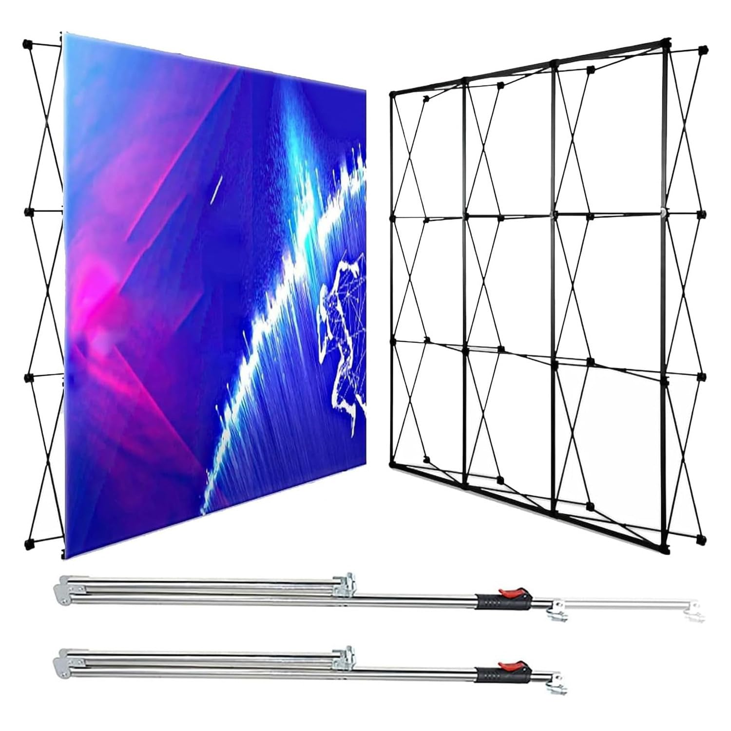 Soporte de Hierro para Carteles con Tiras de fijación y Barras de Soporte traseras - Banner desplegable de 300x530cm para Bodas, fotografía y Eventos - Incluye Bolsa de Transporte
