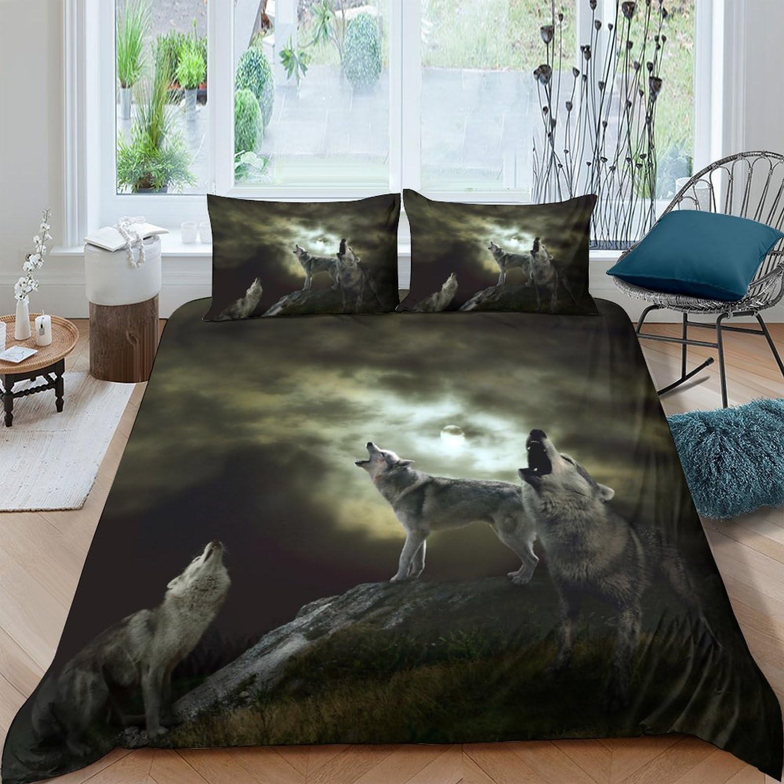 P5V6M1Q9 3D Printed Wolf Moon Duvet Cover Microfiber Soft Breathable Forest Night Bedding Set with 2 Pillowcases for Bedroom Decor Single（135x200cm）