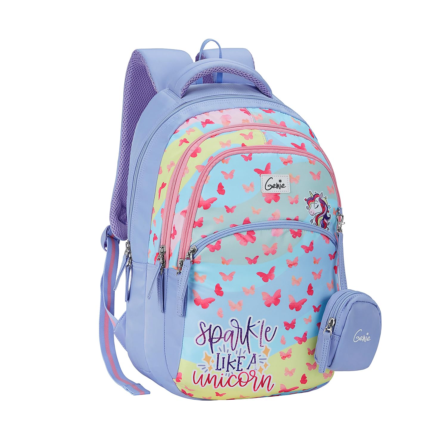 Genie Bloom Backpack for Girls, 17 inches, Cute, Colourful bags, Water Resistant and Lightweight. 3 compartment with Happy Pouch