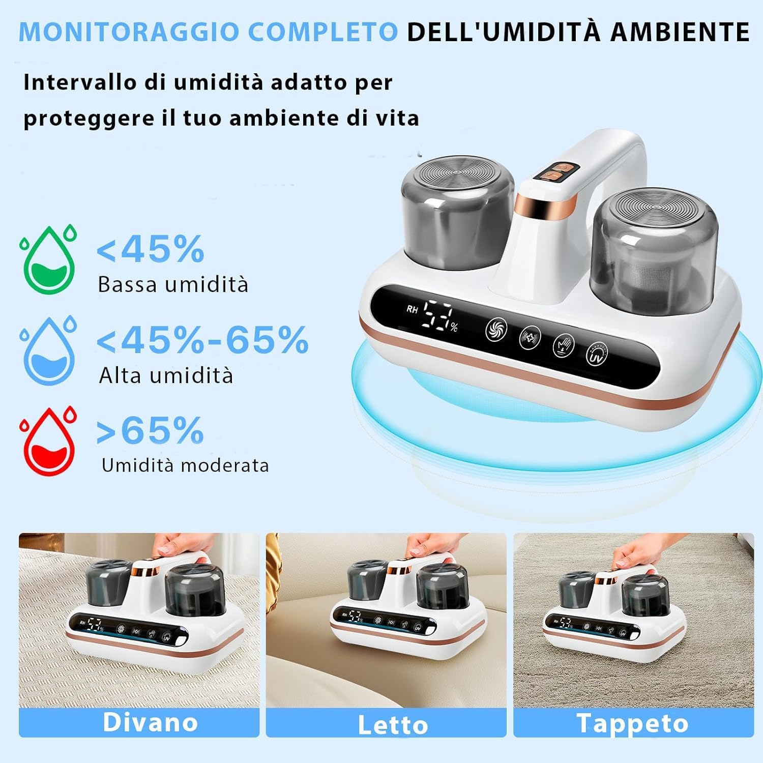 Aspiratore Battimaterasso,Aspirapolvere cordless con sensore acari e display, aspirapolvere con luce UV, rimuove il 99,9% degli allergeni, per divani,Numero di brevetto: 015075483-0001