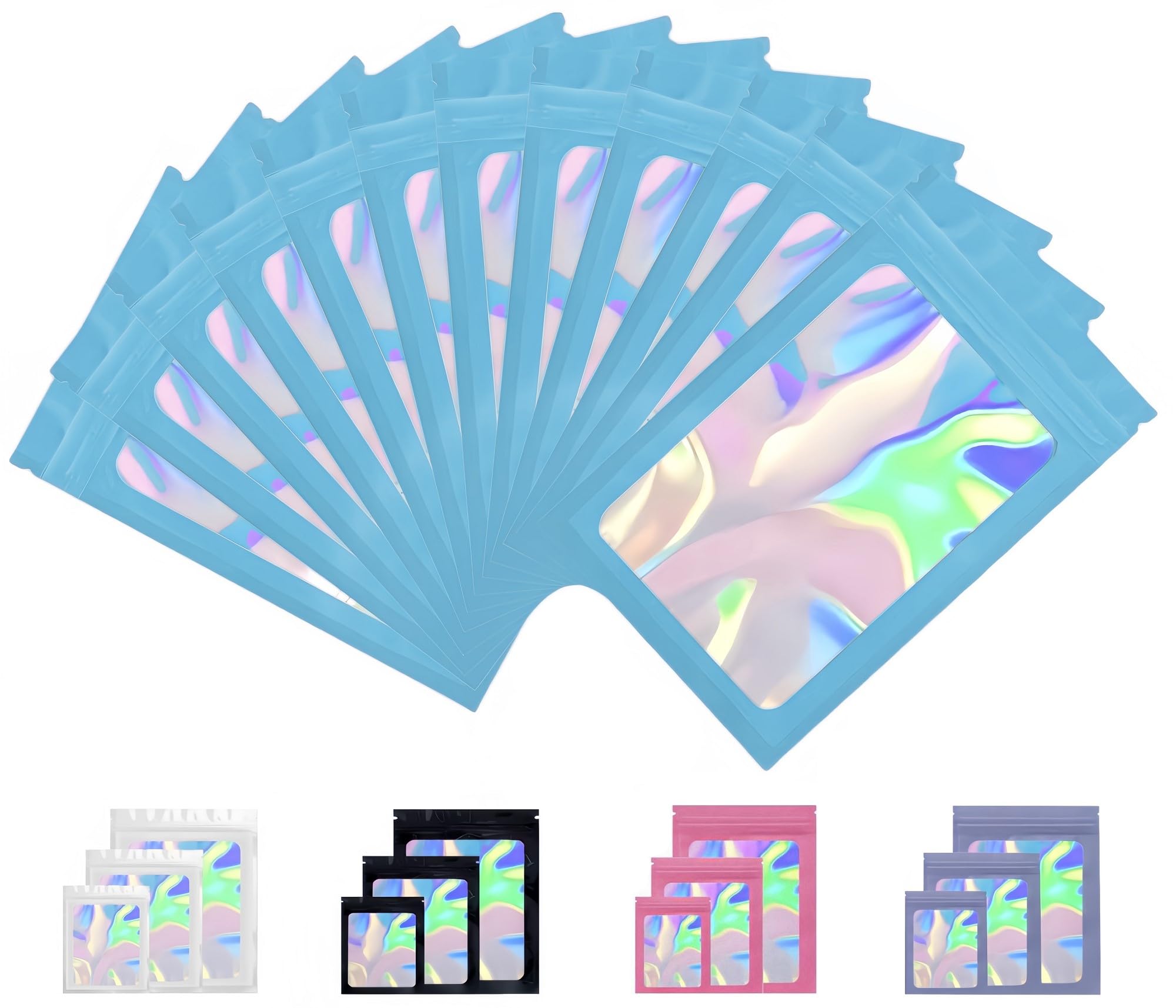 Rimiko Holographic Sky Blue 100Pcs Ziplock Mylar Bags With Clear Window, Aluminum Foil Sample Pouches, Resealable Holographic Self-Sealing For Packaging And Food Storage (, 3.1"X5.1")