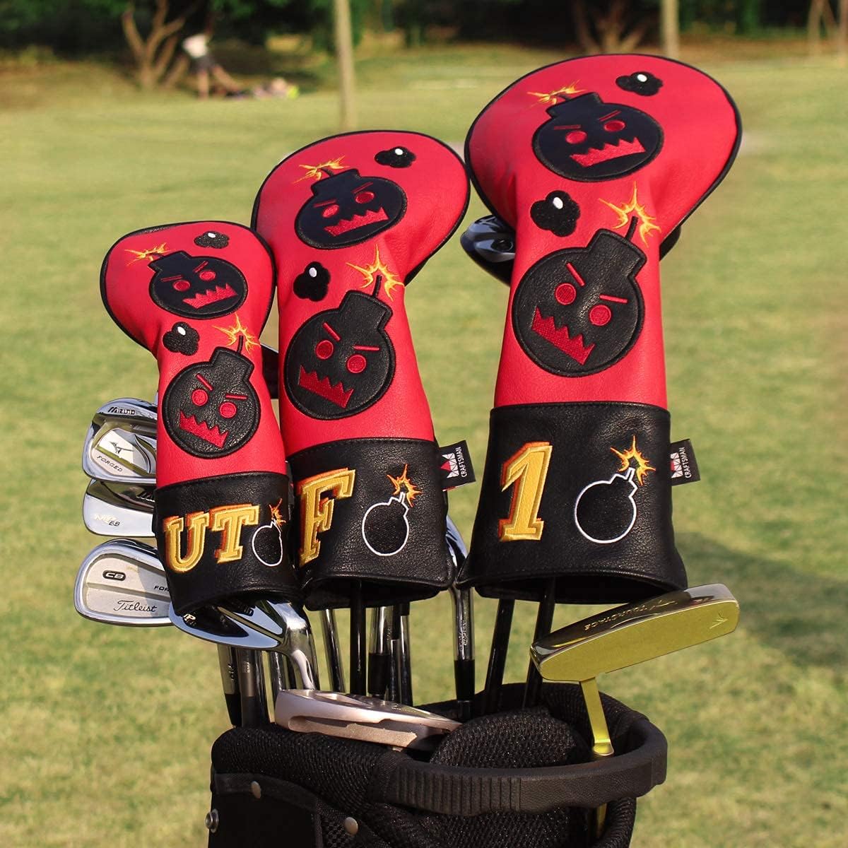 CRAFTSMAN GOLF Driver Headcover Embroidery Bomb, PU Leather Golf Head Covers Driver Fairway Wood Hybrid Blade Putter Headcover