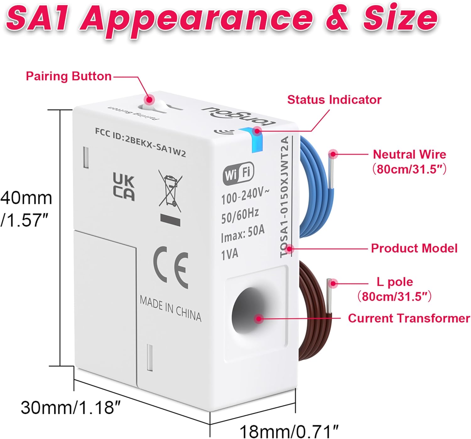 SA1 WiFi Smart Current Transformer components and dimensions